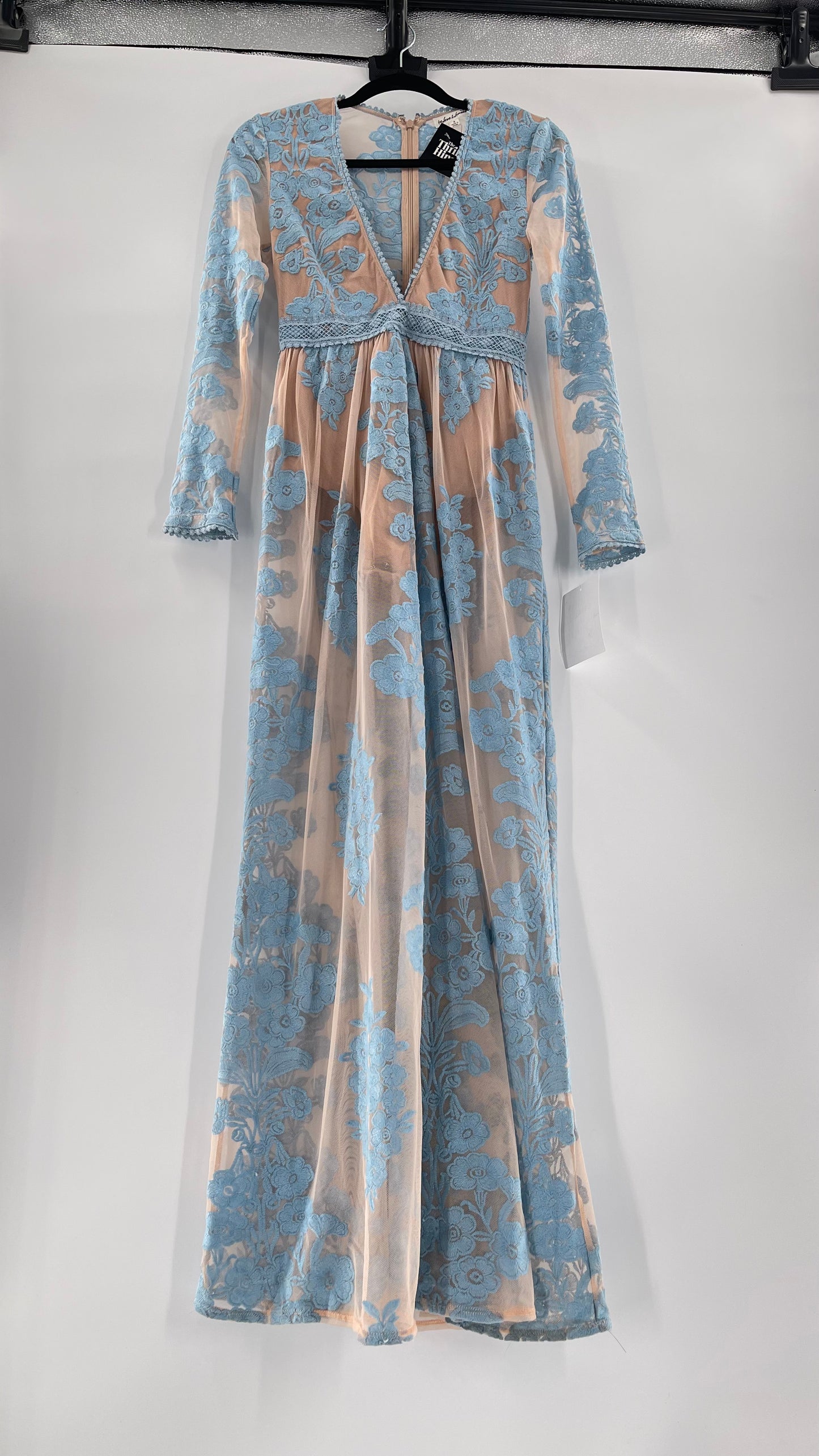 For Love and Lemons Powder Blue Embroidered Temecula Maxi Dress