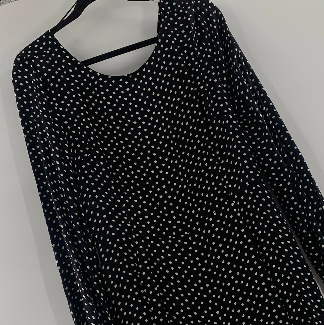 Anthropologie Black Satin With White Polka Dots Long Sleeve Back Open Maxi Dress (Size 12)