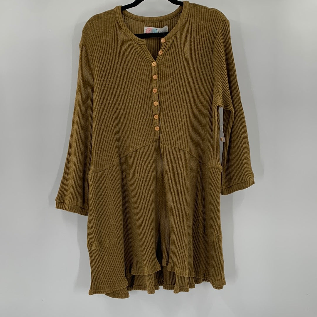 Free People Beach Long Sleeve Ribbed Knit  Olive Green Midi Dress (Size XS)