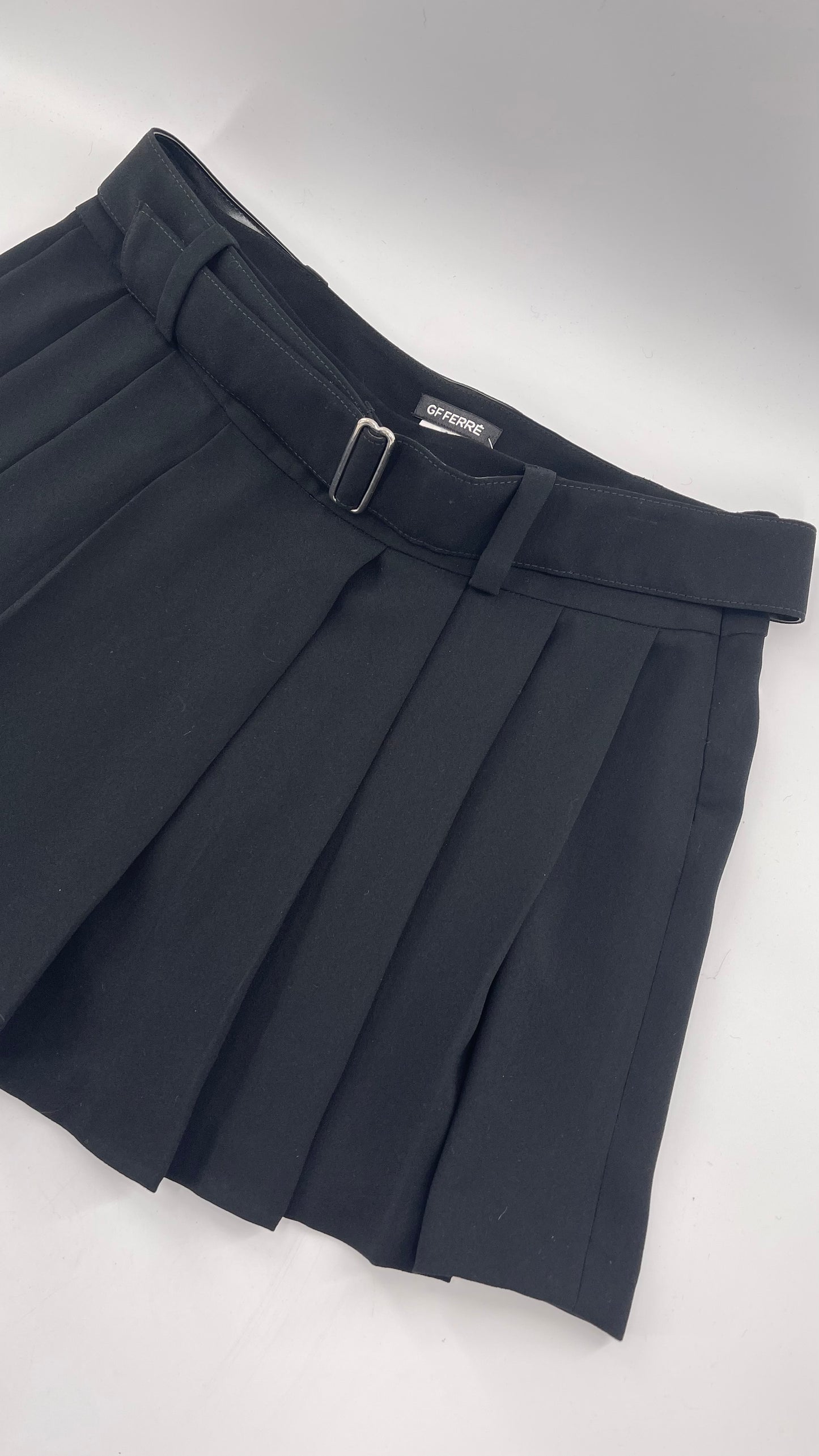 GF FERRE Gianfranco Ferre Black Pleated + Belted Mini Skirt (30/44)