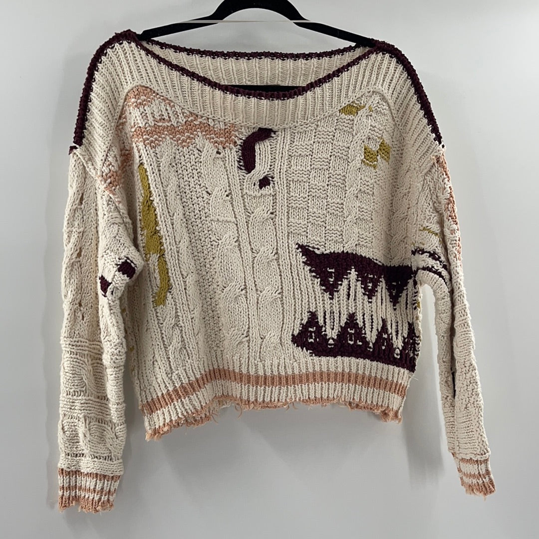 Free People Distressed Cropped Sweaters Cream With Burgandy Mustard and Pink Details (Size XS)