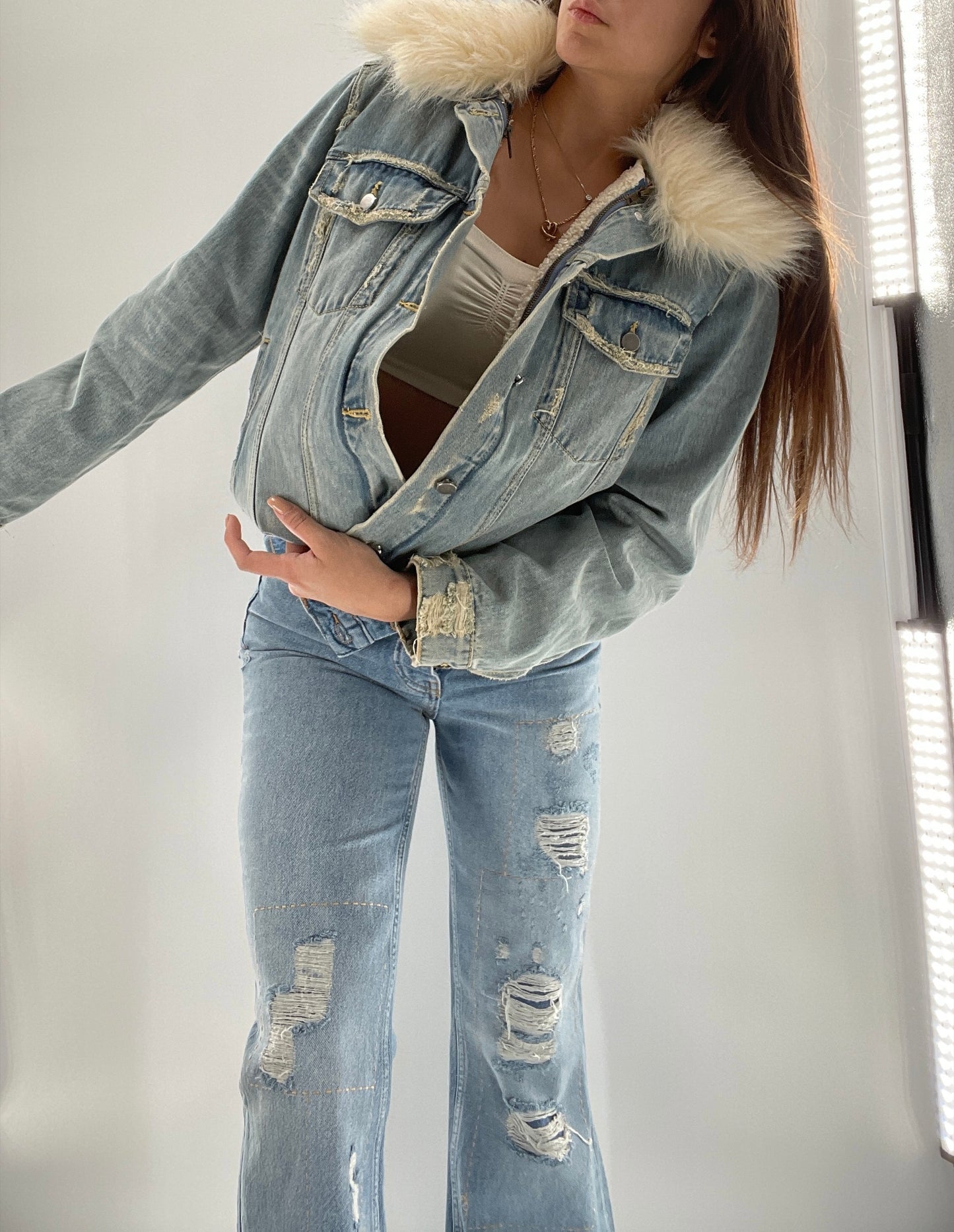 Heartloom Heavy Duty Denim Jacket with Faux Fur Collar and Removable Shearling Lining (Large)