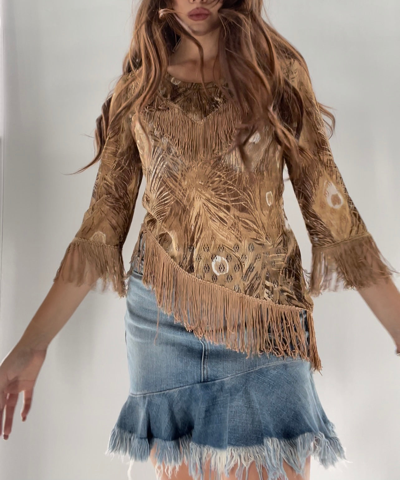 Vintage Tan Asymmetric Fringe Top (S)