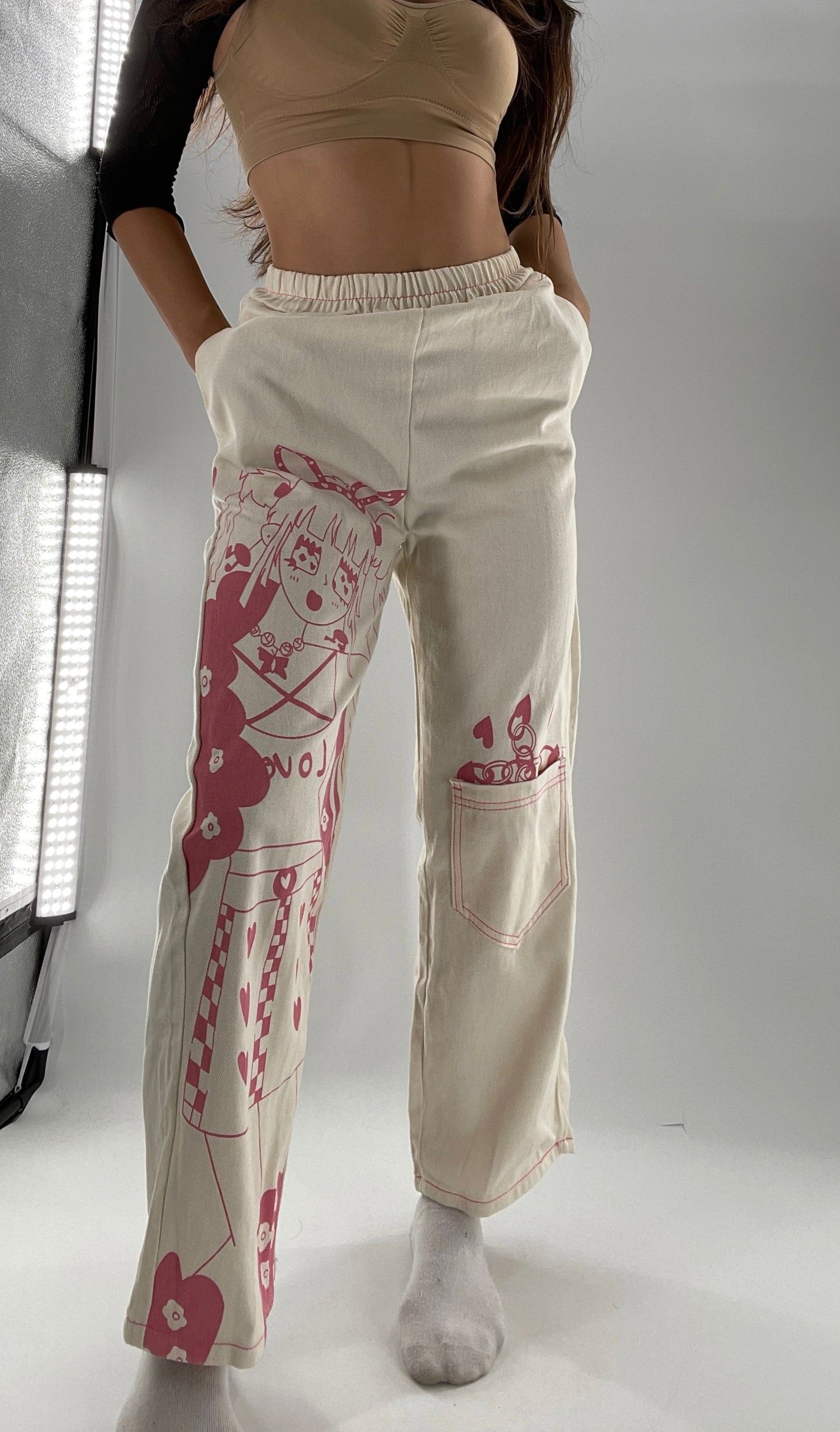 Beige Carpenter Pant with Pocket and Pink Anime Graphic (Medium)