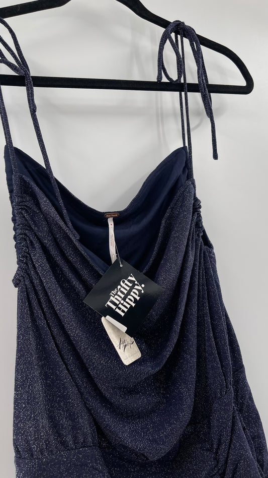 Free People Navy Glitter Ruche Dress (Large)