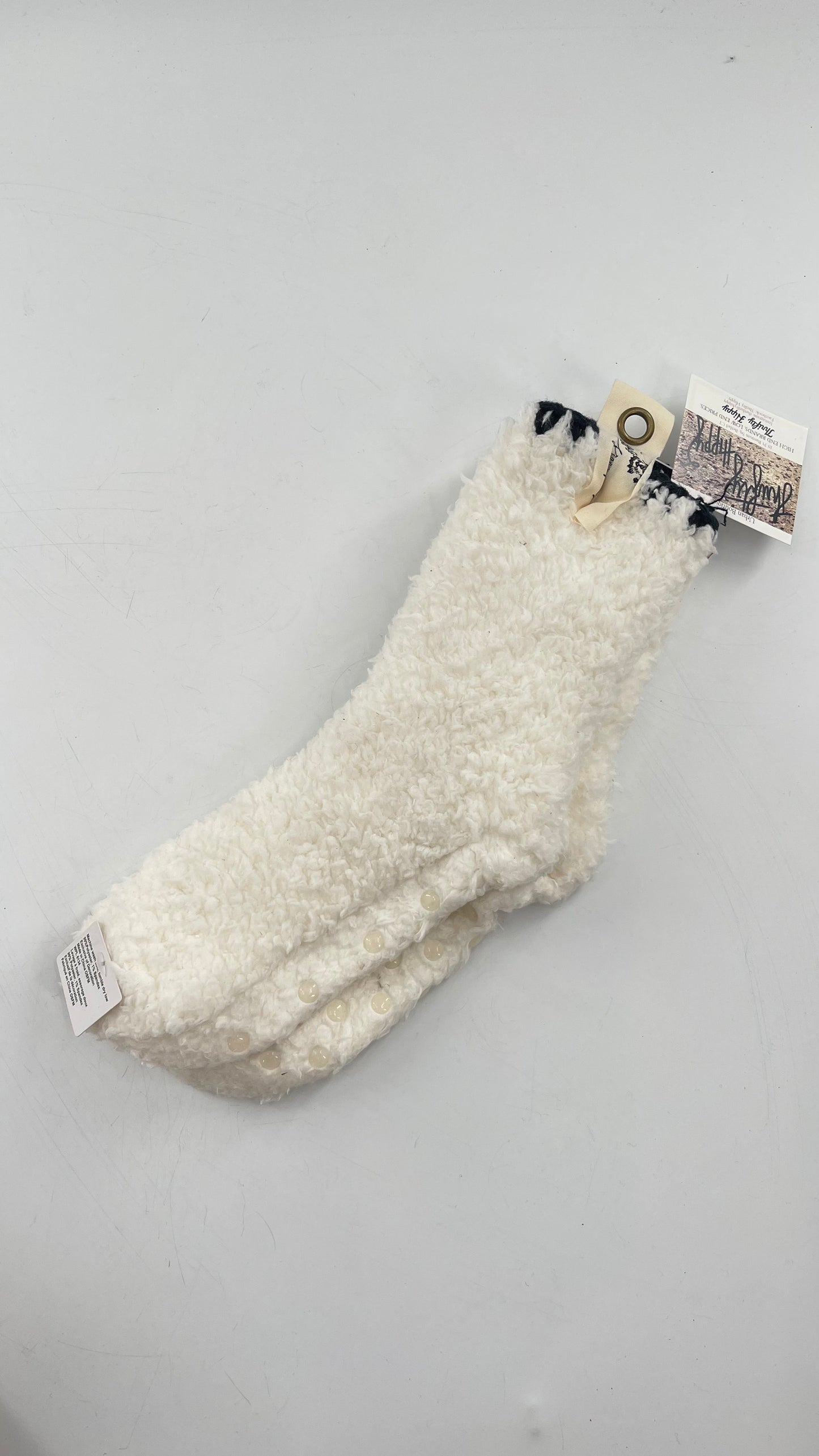 Free People White Fuzzy Socks with Navy Embroidery