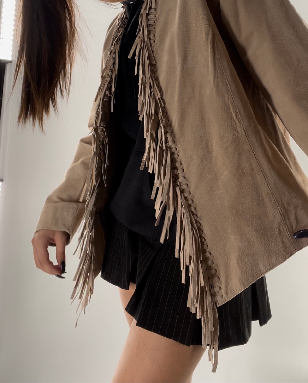 DIALOGUE Vintage Beige Suede Fringe Jacket (Large)