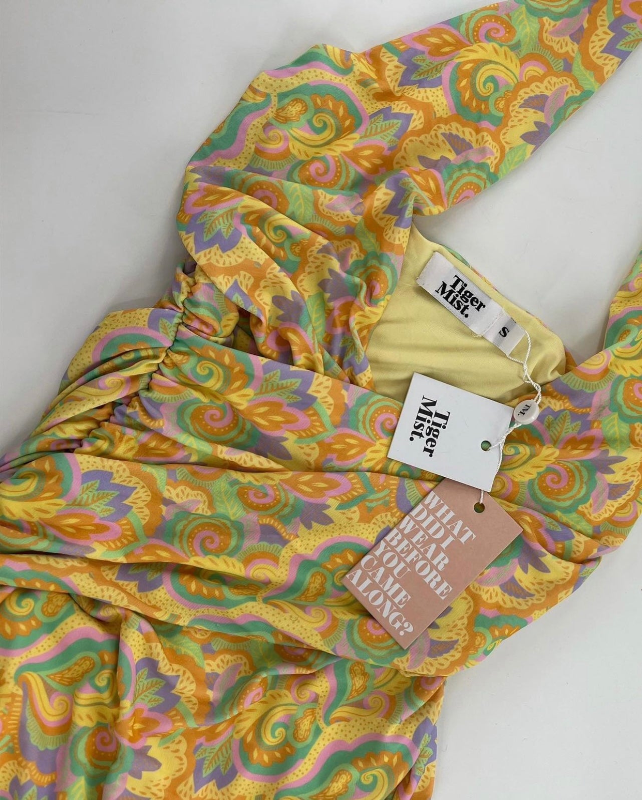 Tiger Mist Halter Harlee Dress Yellow Paisley Pr Ruched Mini Dress (Size S) - with tag -
