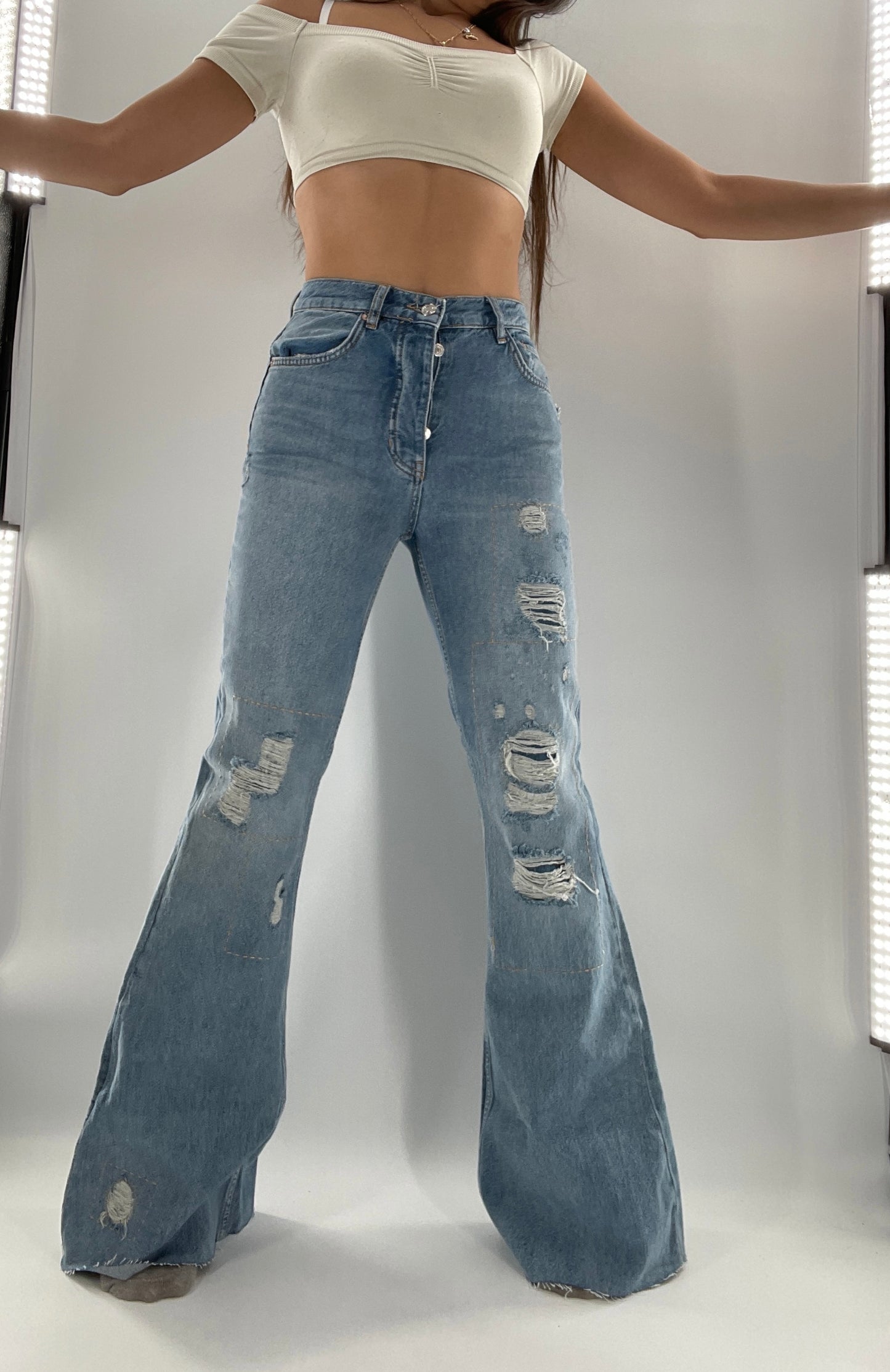 Free People Light Wash Jeans with Embroidery, Stitching, and Distressing (26)