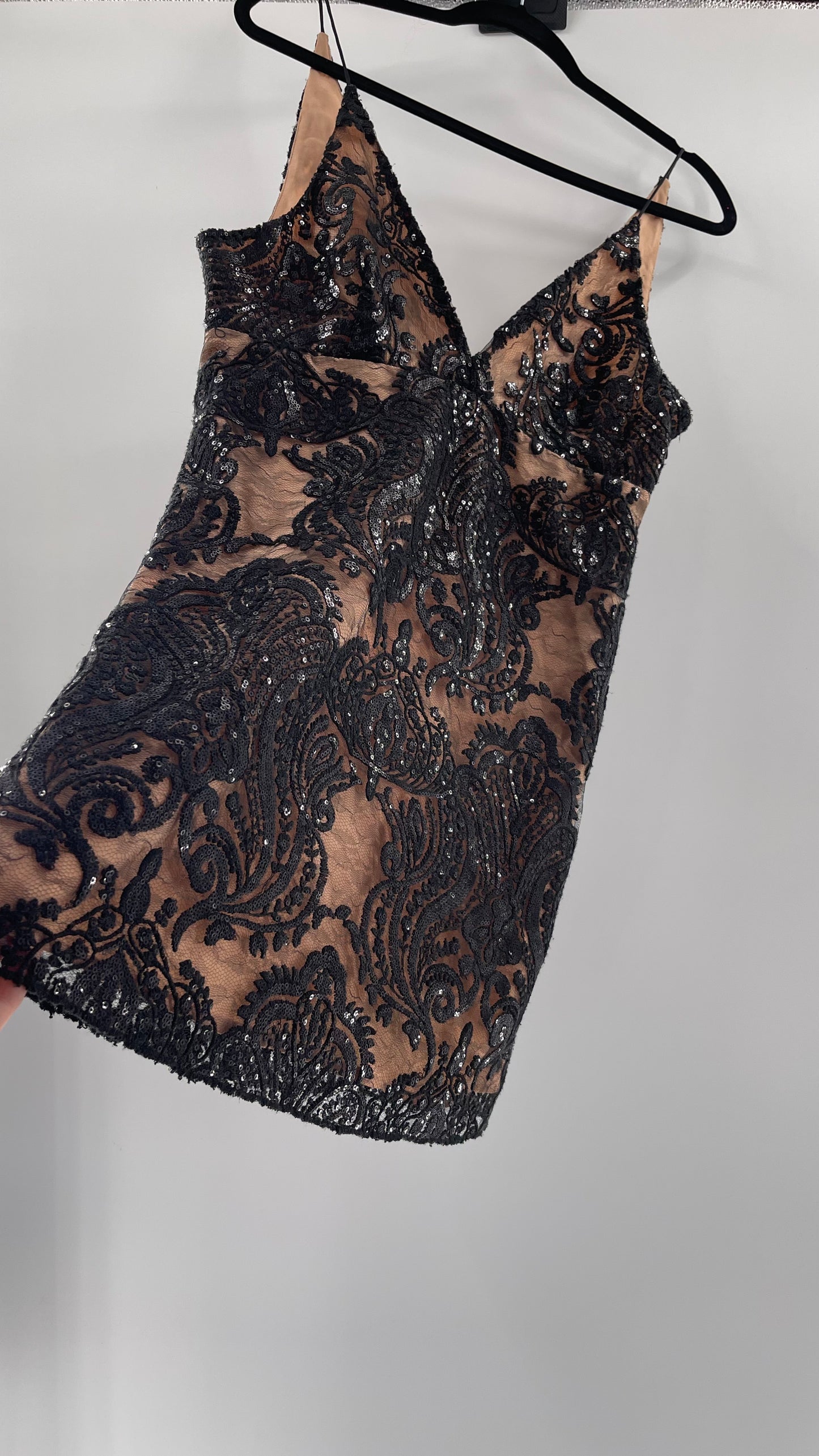 Free People Night Shimmers Nude Dress with Black Sequin Lace (8)