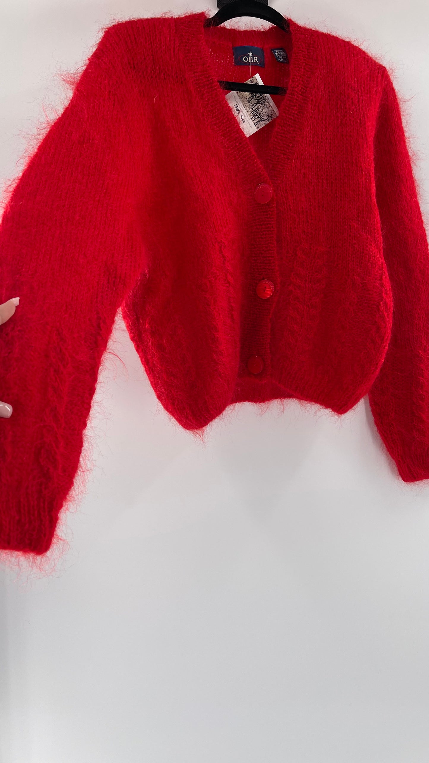 OBR Red 78% Mohair 18% Wool Cropped Cardigan (Medium)
