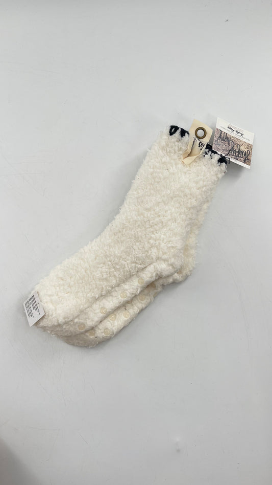 Free People White Fuzzy Socks with Navy Embroidery