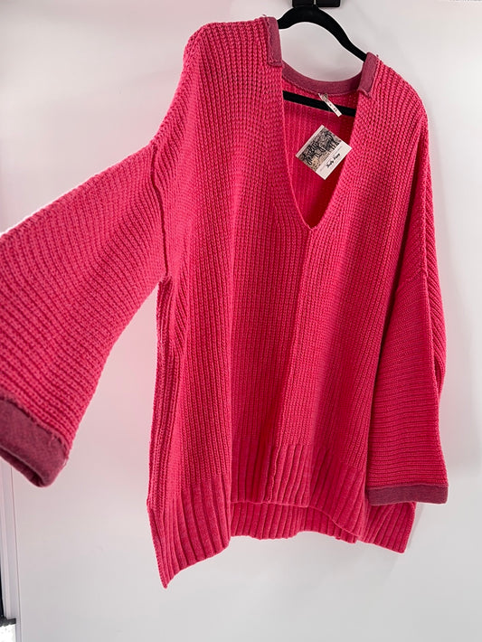 Free People Bright Pink Oversized Sweater V Neck ( Size Medium/Large)