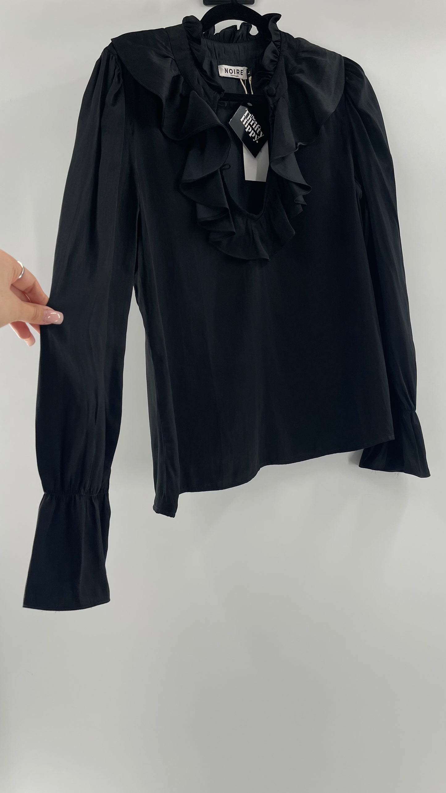 NOIRE Black Satin Ruffled Neckline Blouse (Large)