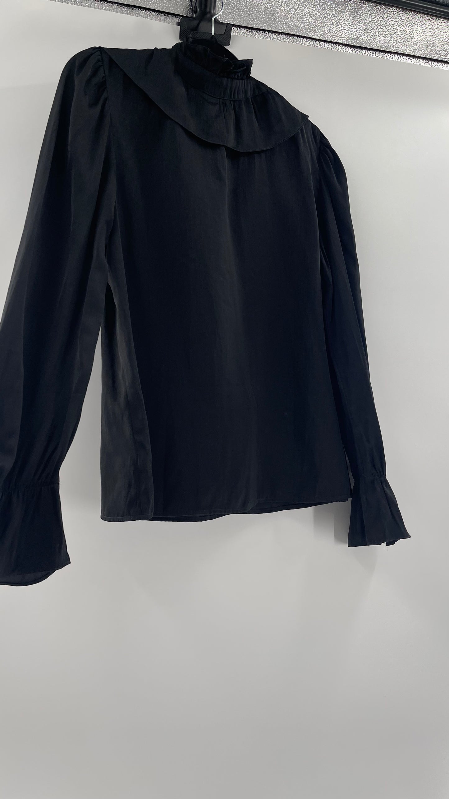 NOIRE Black Satin Ruffled Neckline Blouse (Large)