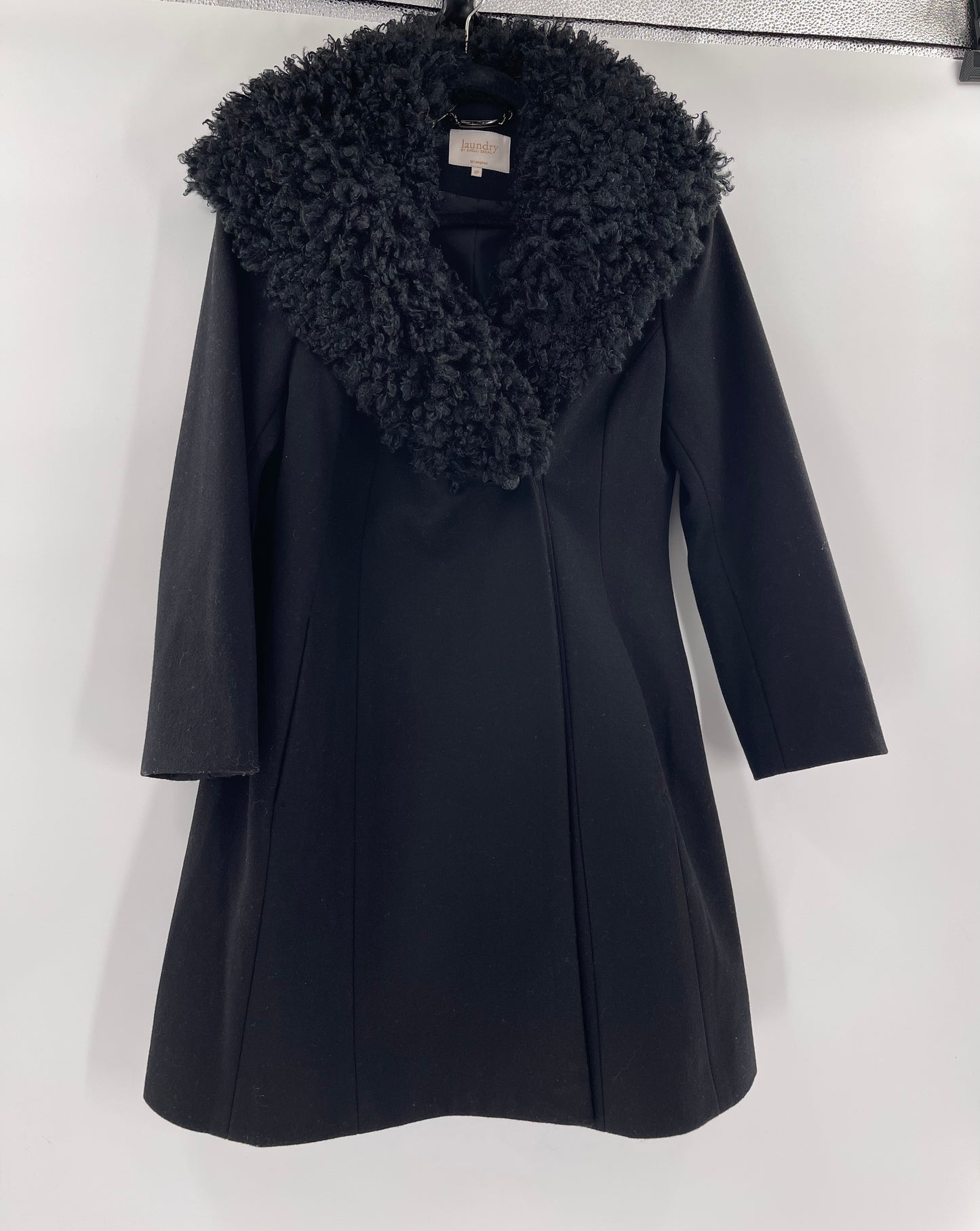 Laundry By Shelli Segal Black Wool Coat With Faux Fur Trimming (Size 8)