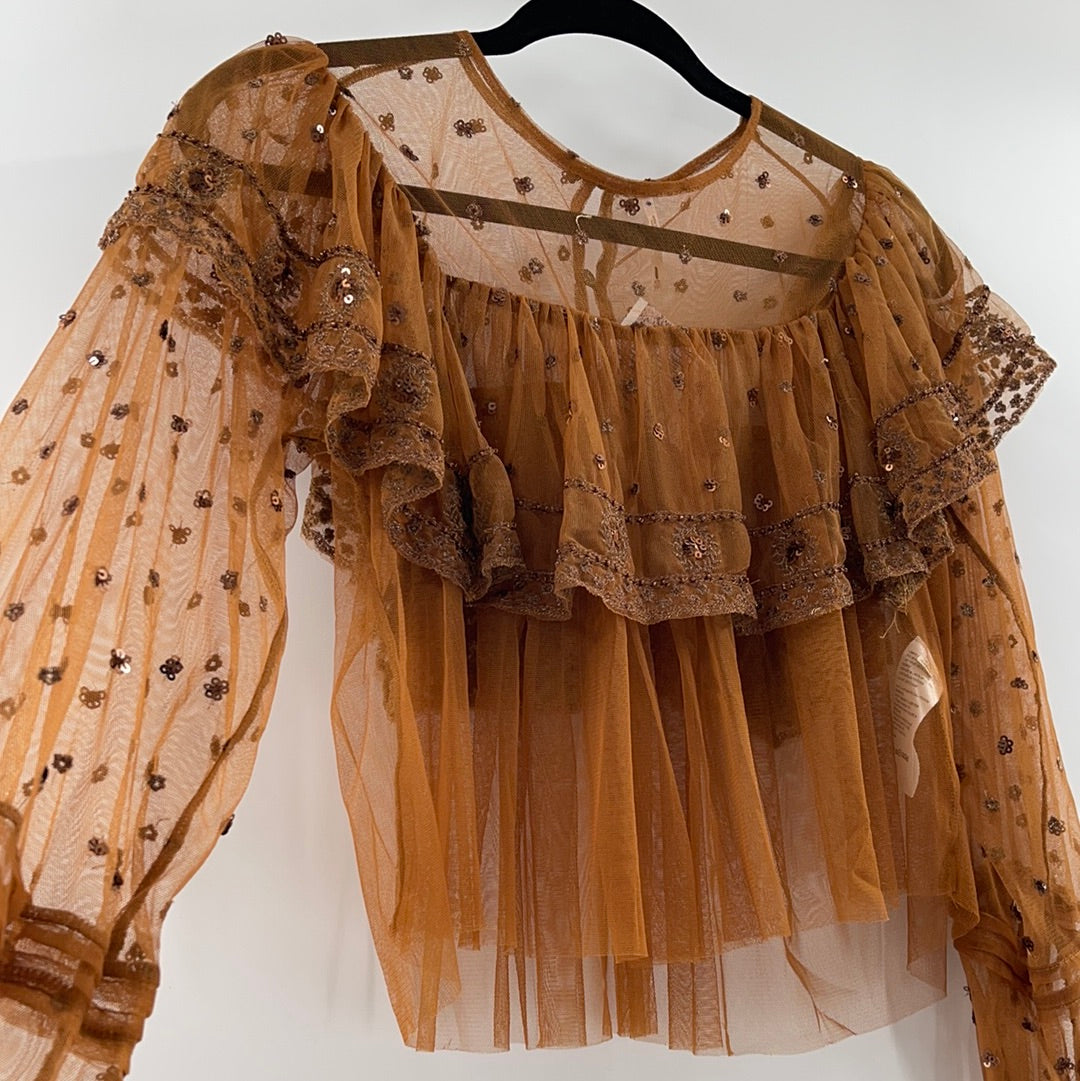 Free People Terracotta Embellished Mesh Top (XS)