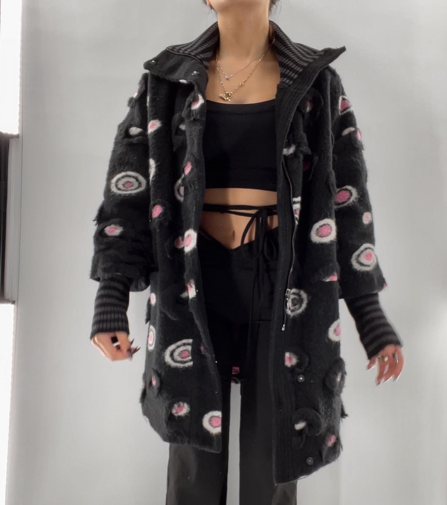 Rara Arvis Black + Pink Textured Circle Pattern Coat