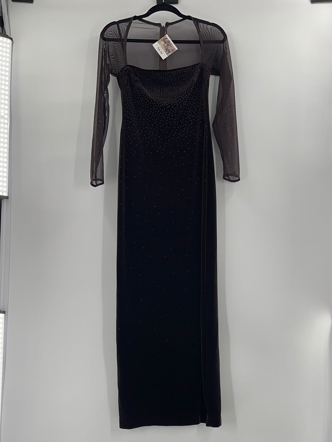 Tadashi Maxi Brown Velvet Long Sleeve Dress With Beaded Embellishments and Back Slit (item has no size tag, appears to be Size S, stretchy fabric)