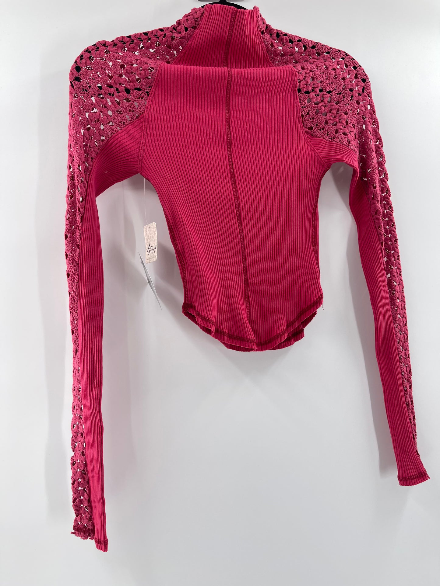 Free People Red Ribbed Knit + Lace Mock Neck (XS)