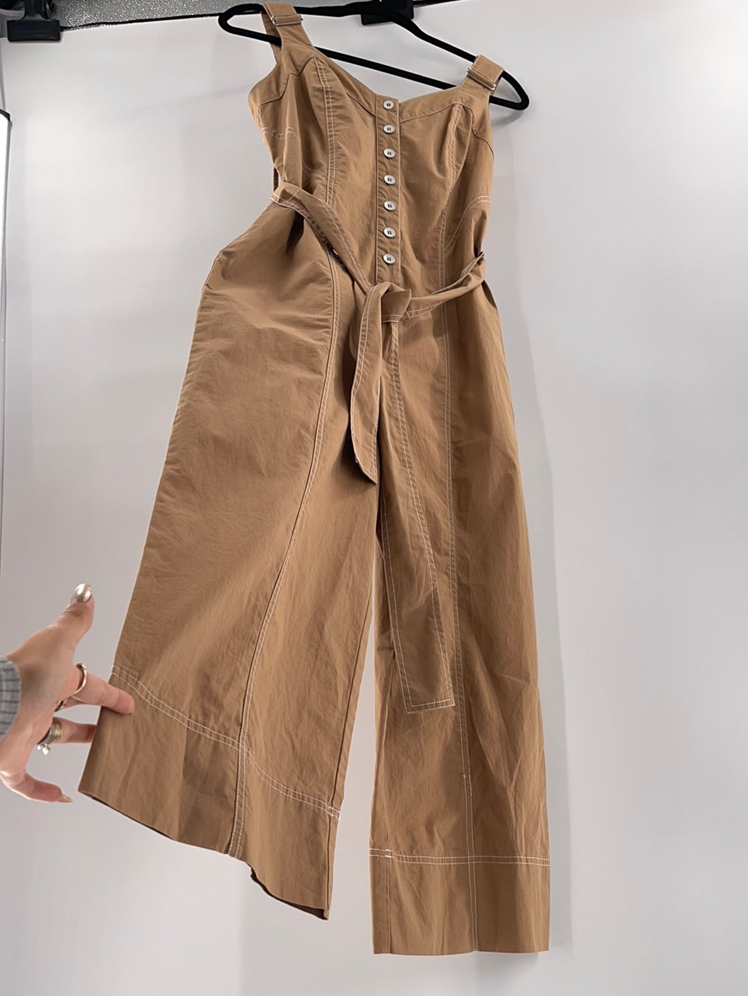 Current Air Anthropologie - Button Up Brown Adjustable Straps Jumpsuit (Size Small)