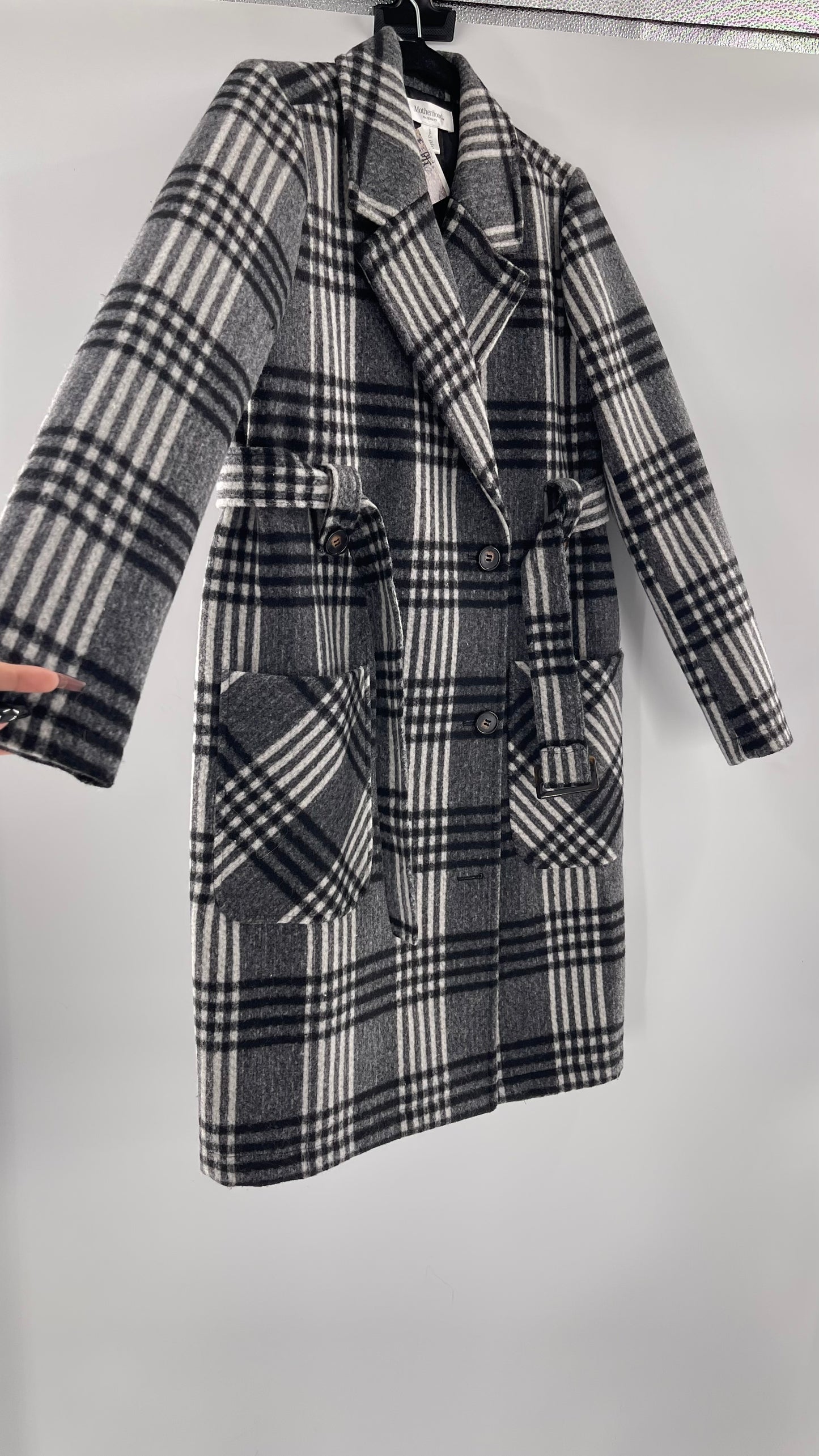 Motherhood Maternity winter coat Black, white, grey plaid - Size S