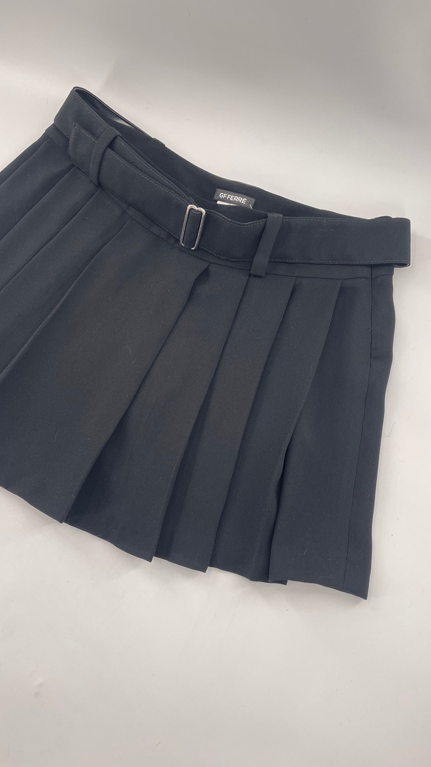 GF FERRE Gianfranco Ferre Black Pleated + Belted Mini Skirt (30/44)