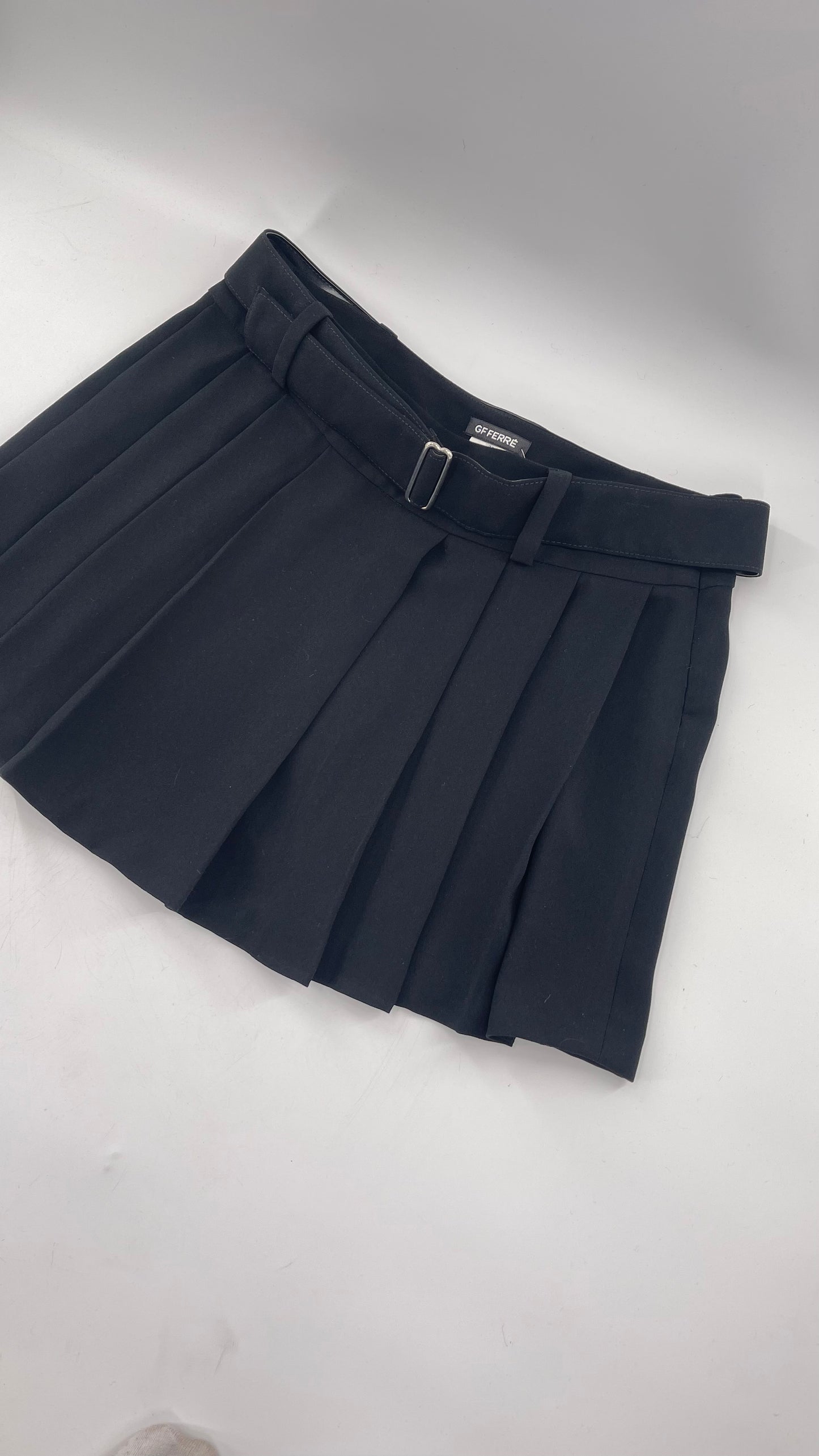 GF FERRE Gianfranco Ferre Black Pleated + Belted Mini Skirt (30/44)