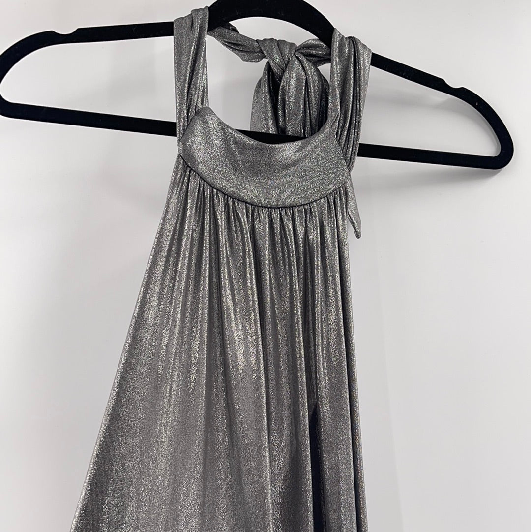 Wet Seal - Silver Sparkly Ruched Hem Midi Dress (Size Medium)