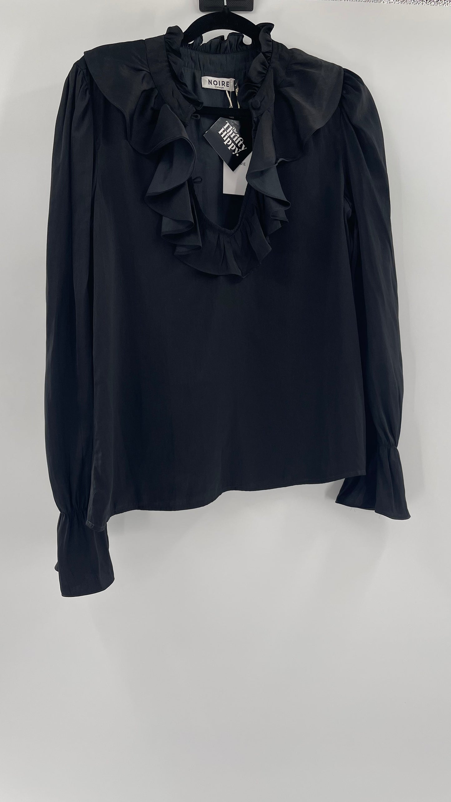 NOIRE Black Satin Ruffled Neckline Blouse (Large)