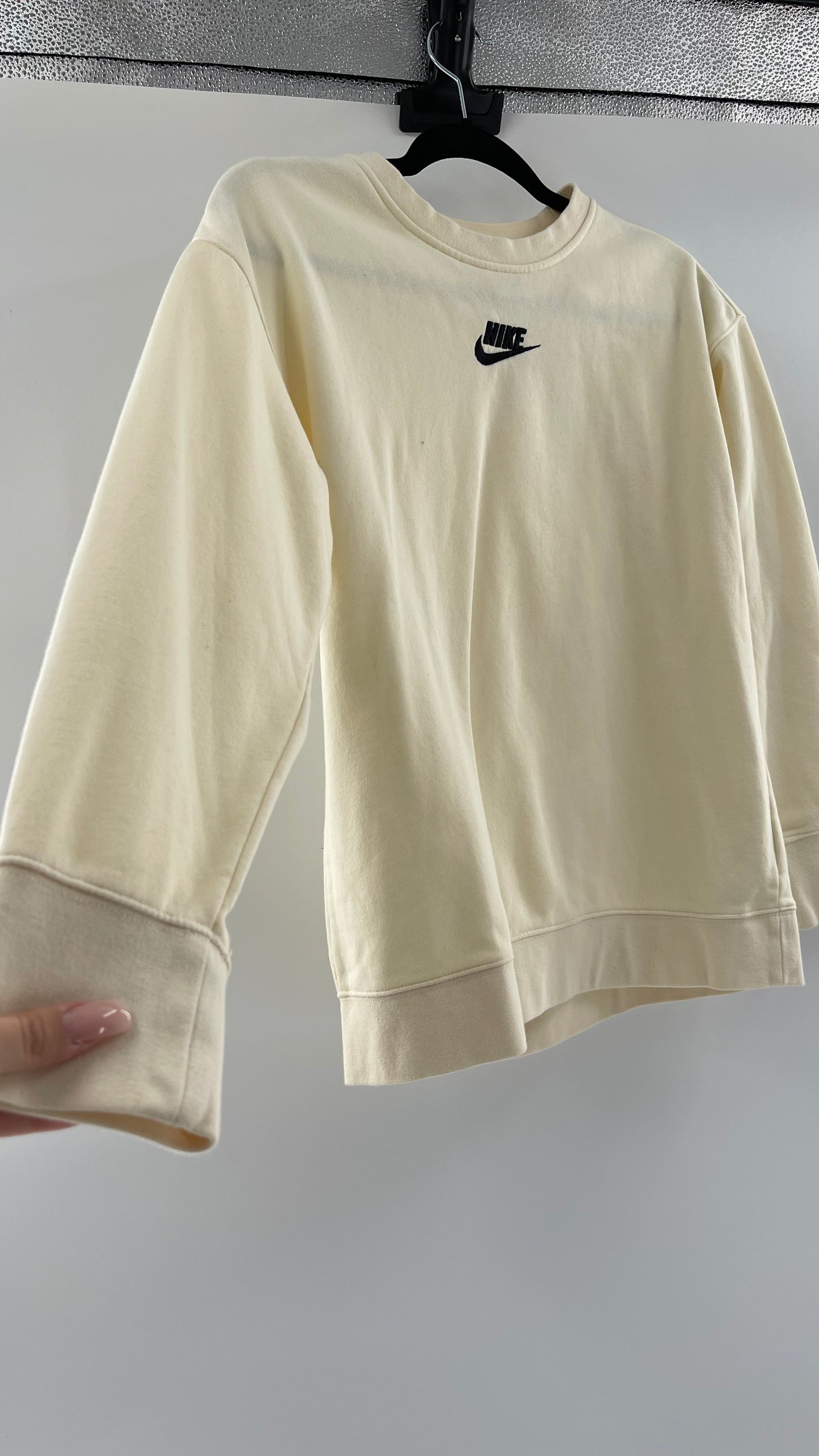 Cream Nike Crewneck with Minimalist Black Chest Logo (Large)