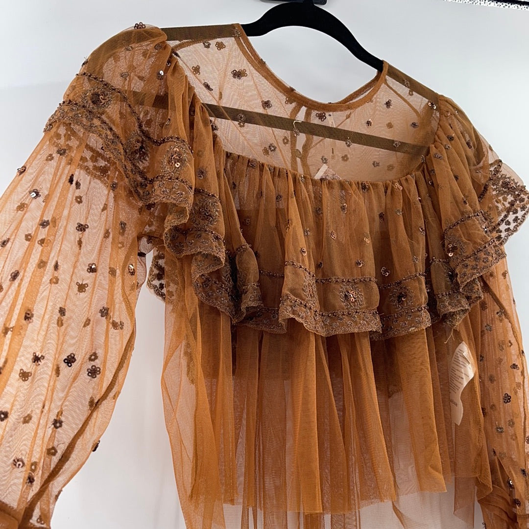 Free People Terracotta Embellished Mesh Top (XS)