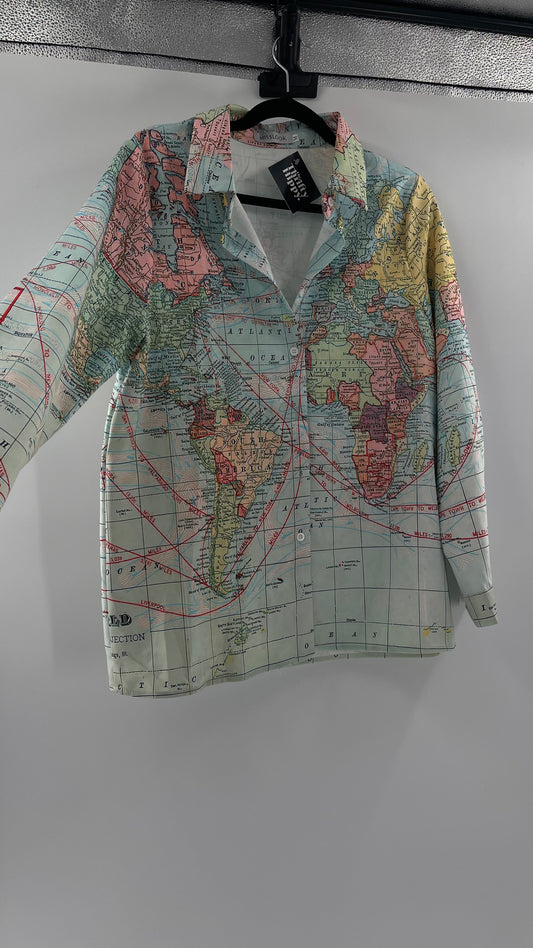 MISSLOOK Globe Map Long Sleeve Graphic Button Up (Medium)