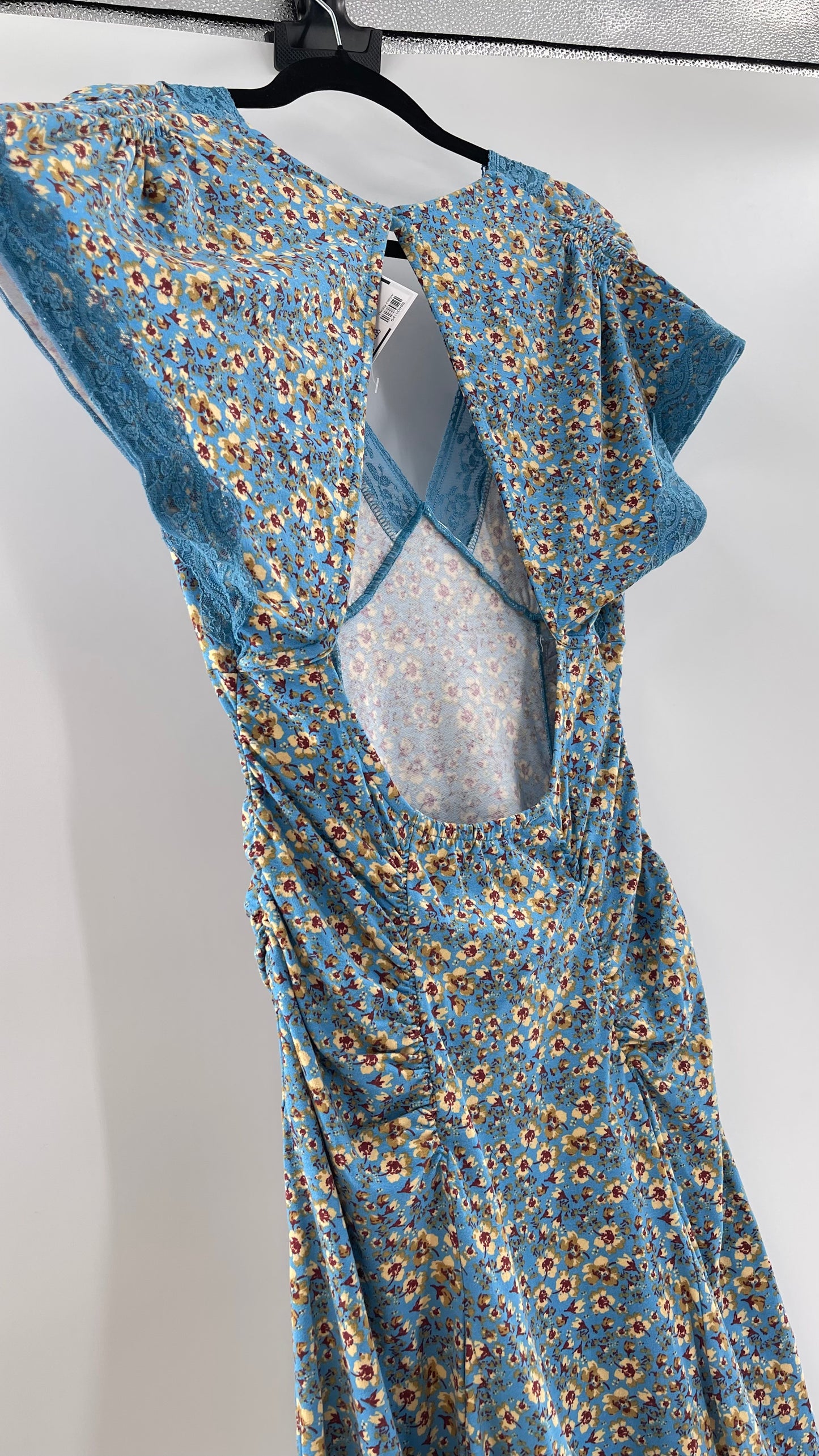 Free People Sweet Talker Blue Floral Ruched Mini Dress (Medium)