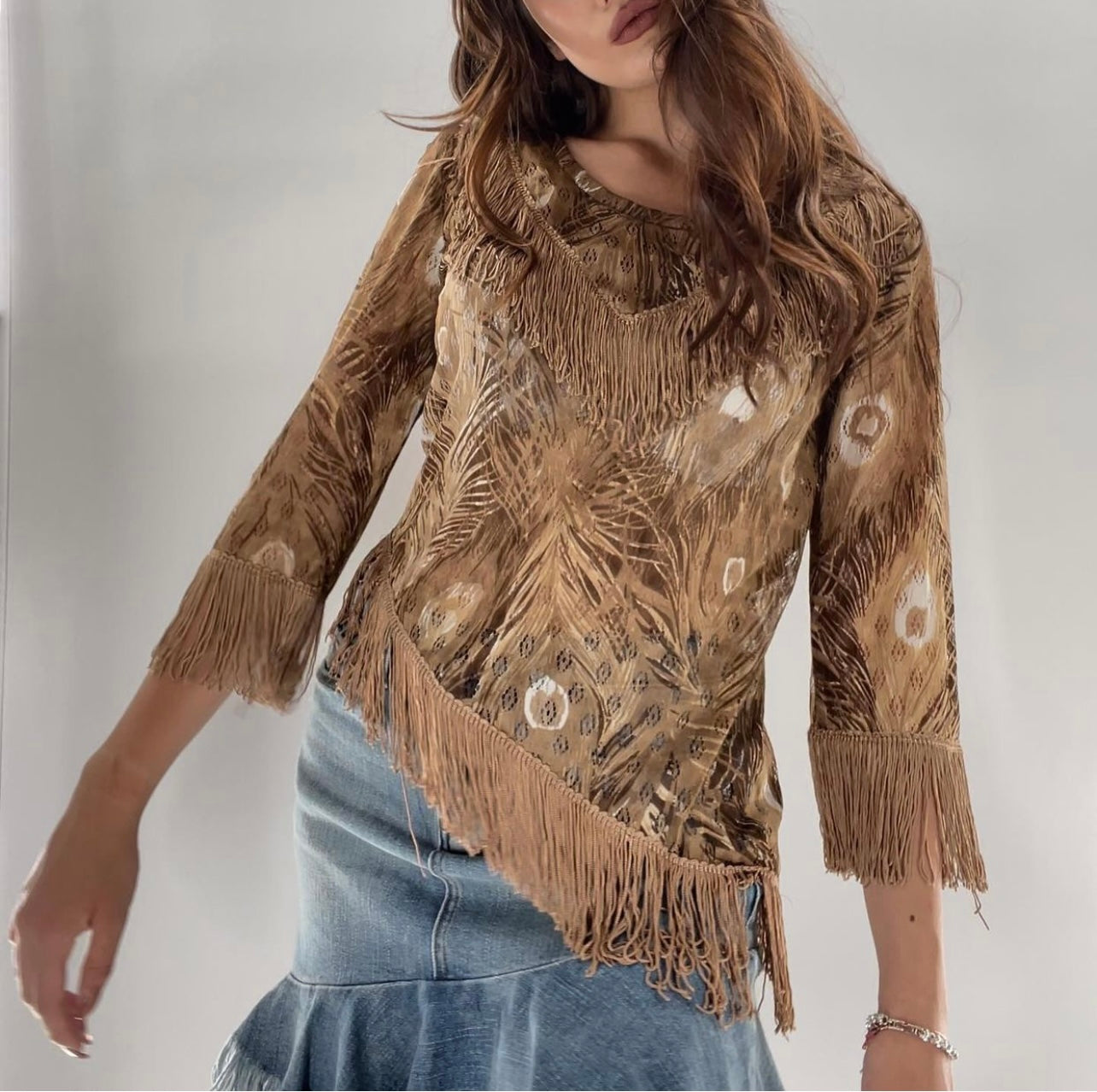 Vintage Tan Asymmetric Fringe Top (S)