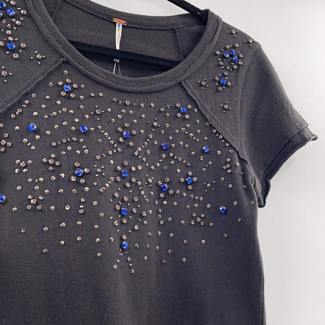 Free People Black Short Sleeve T-Shirt With Sequin and Rhinestone Embellishments (Size S)