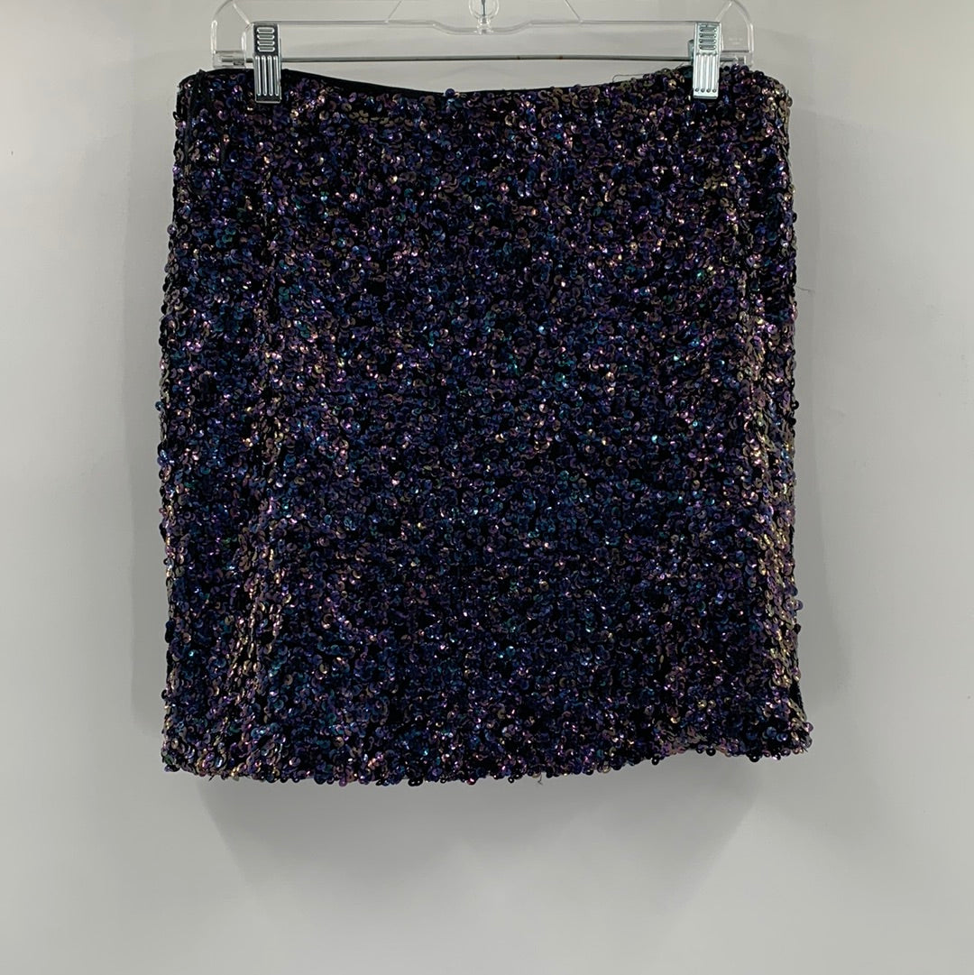 Free People Sequin Mini Skirt Iridescent Navy Blue with Rose Gold Front Zipper (Size L)