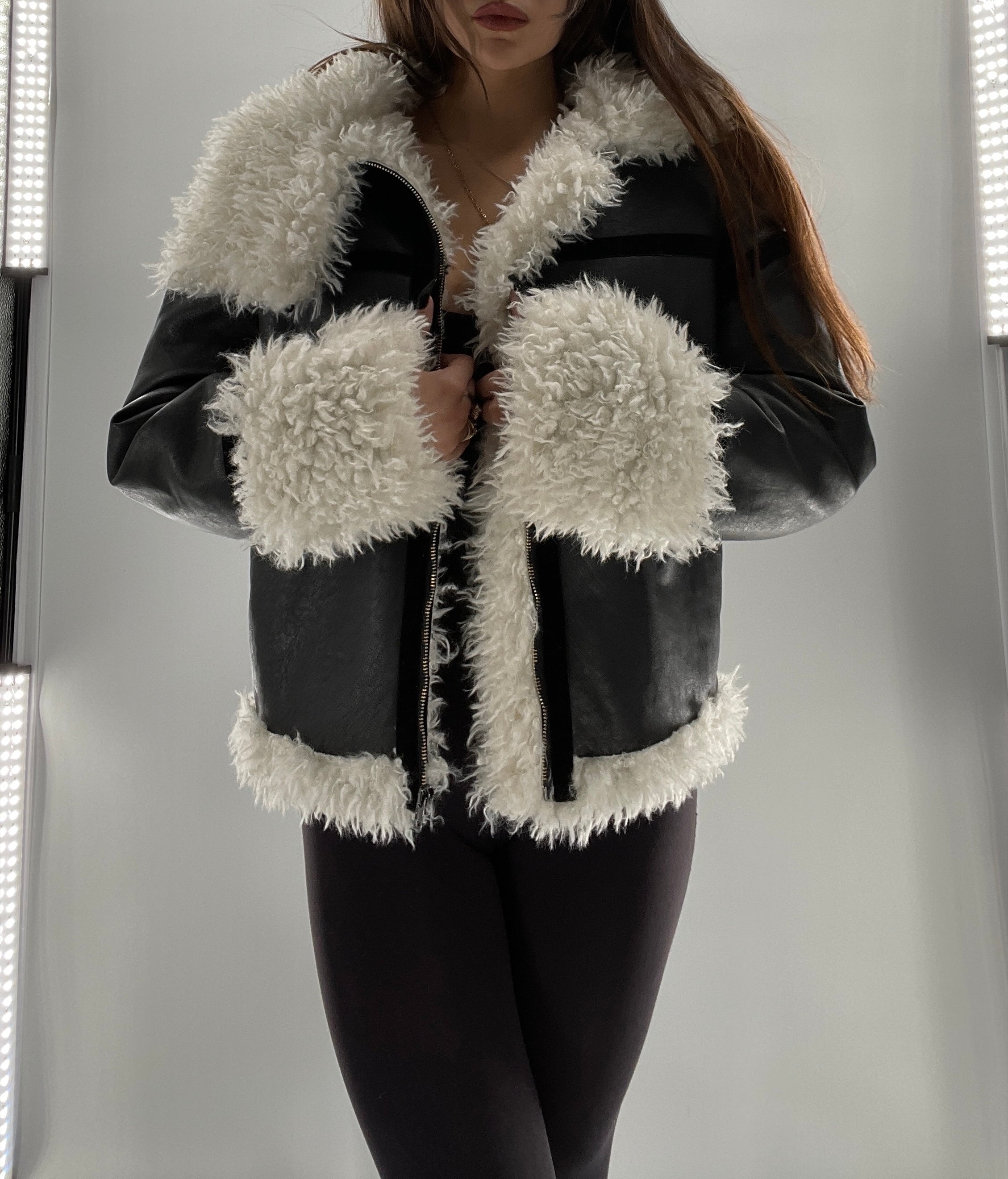 LIONESS Phoenix Jacket Black Faux Leather White Fur Trim (XS