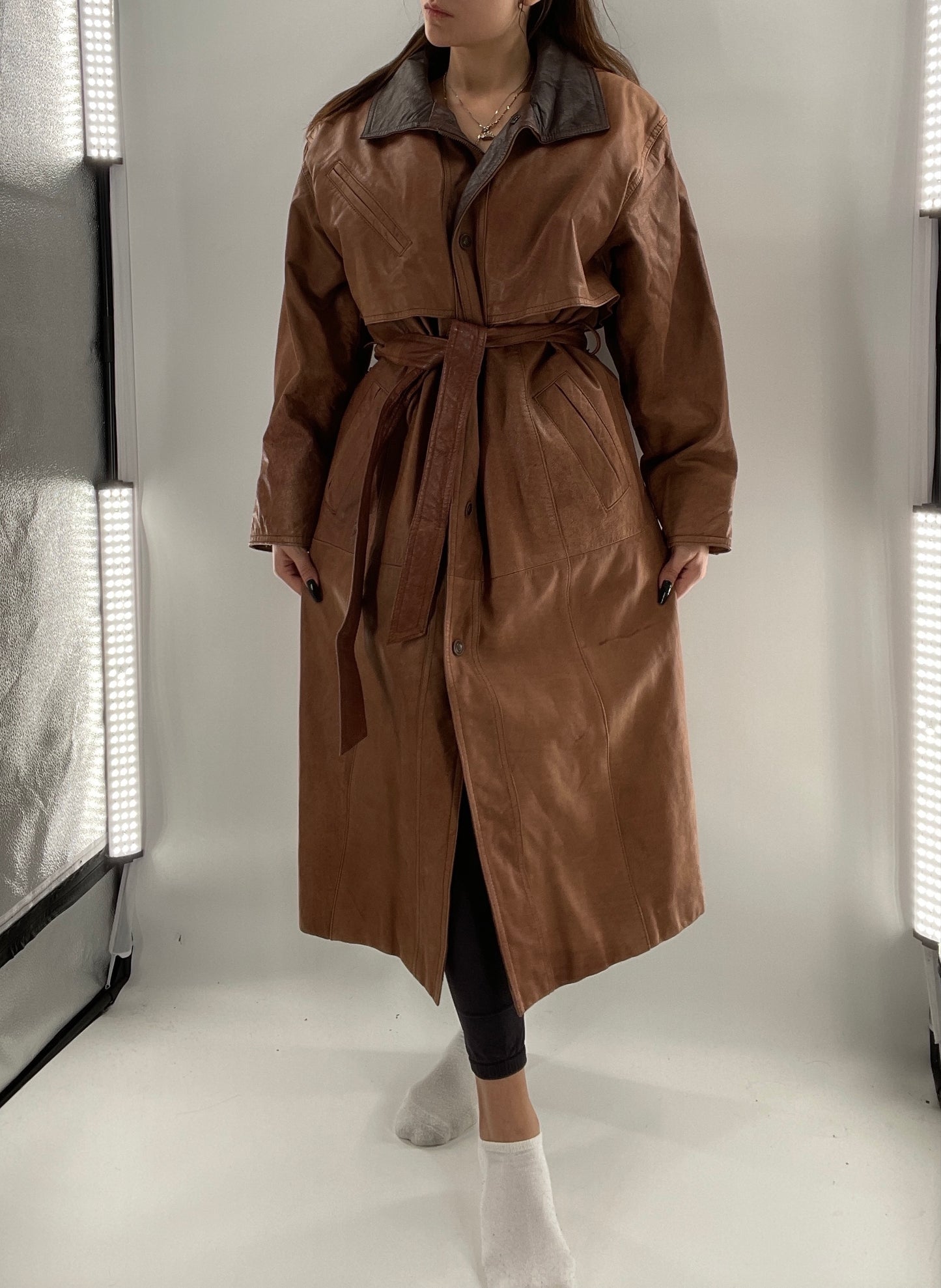 Adventure Bound By Wilsons Vintage Leather Trench Coat with Belt and Front Zipper and Removable Lining - Size M