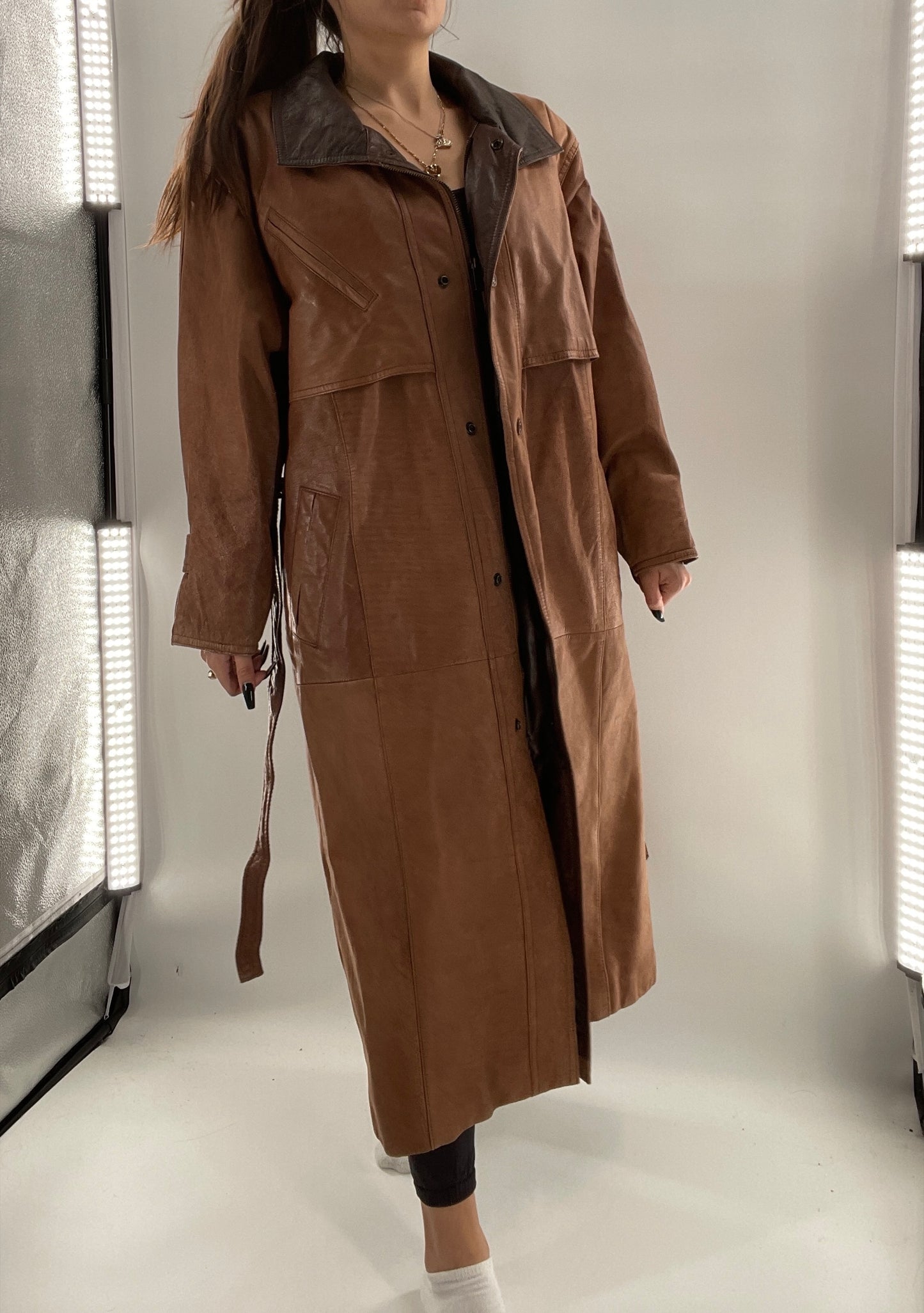 Adventure Bound By Wilsons Vintage Leather Trench Coat with Belt and Front Zipper and Removable Lining - Size M