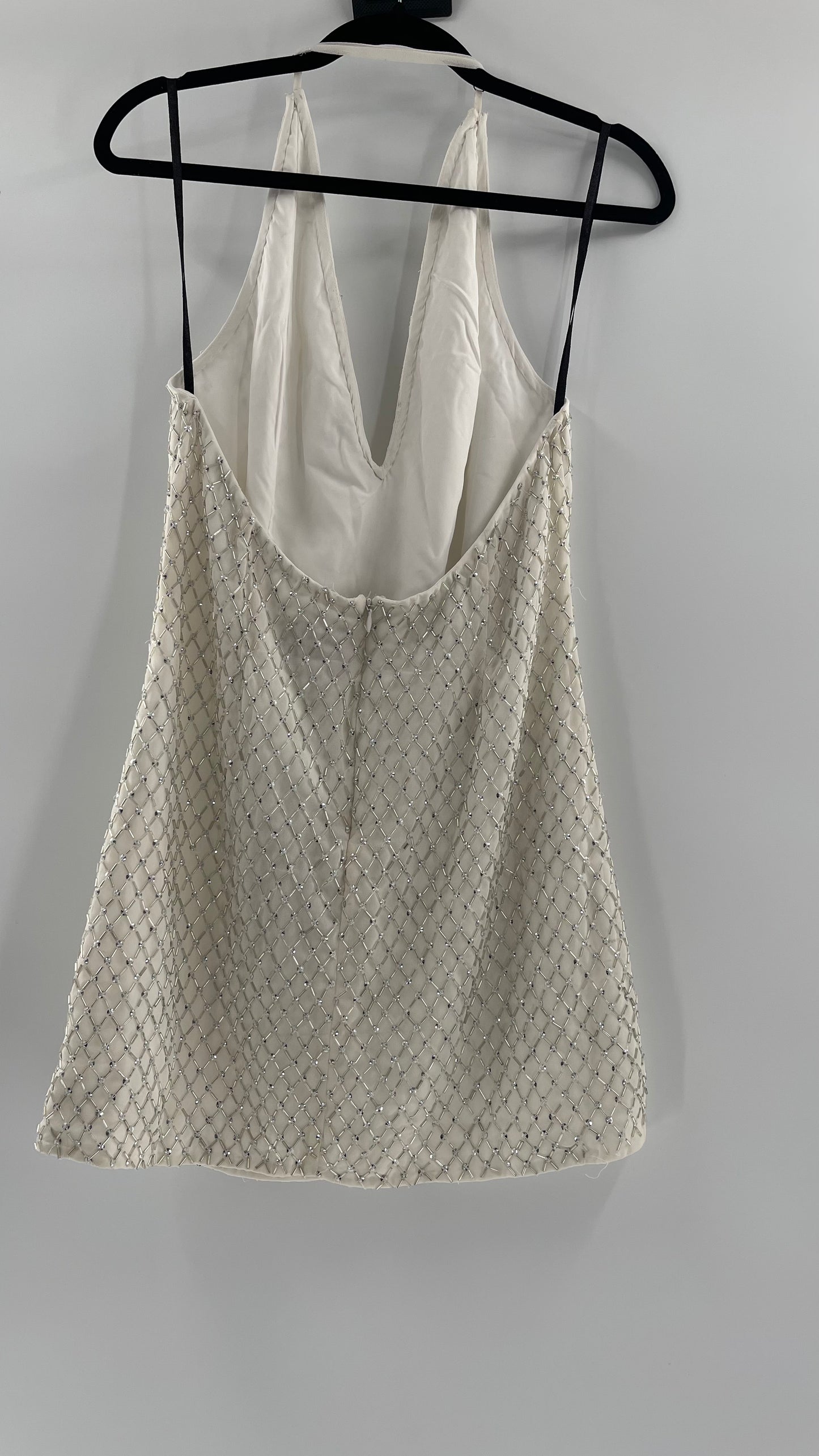 X by NBD White Jack Dress in Ivory Silver Beaded Halter Dress with Tags Attached (Large)