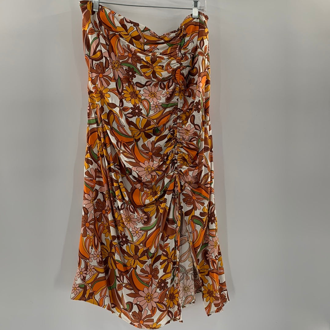 Brown / Orange Flower Cinched Side Split Skirt (Size 18)