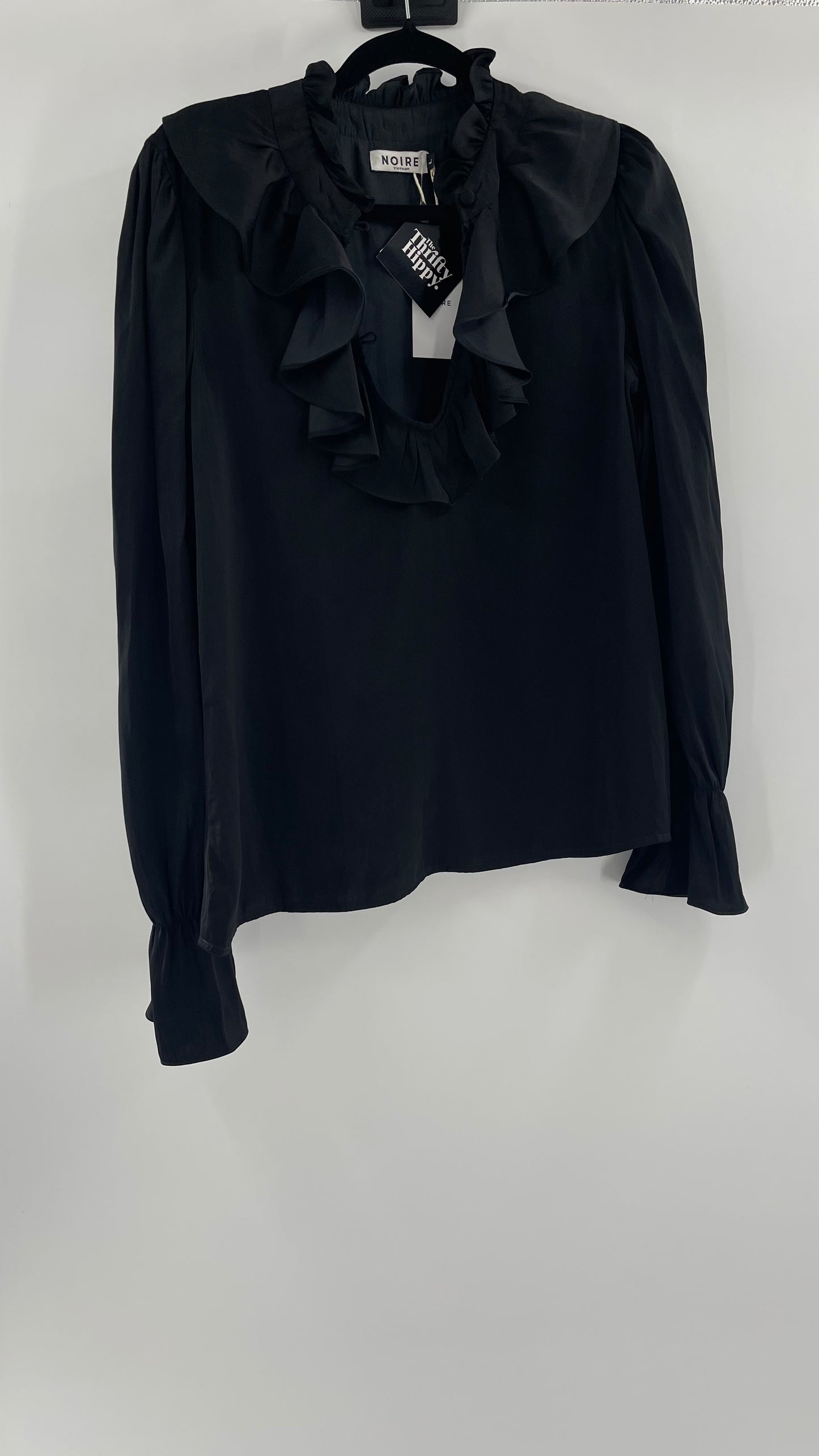 NOIRE Black Satin Ruffled Neckline Blouse (Large)