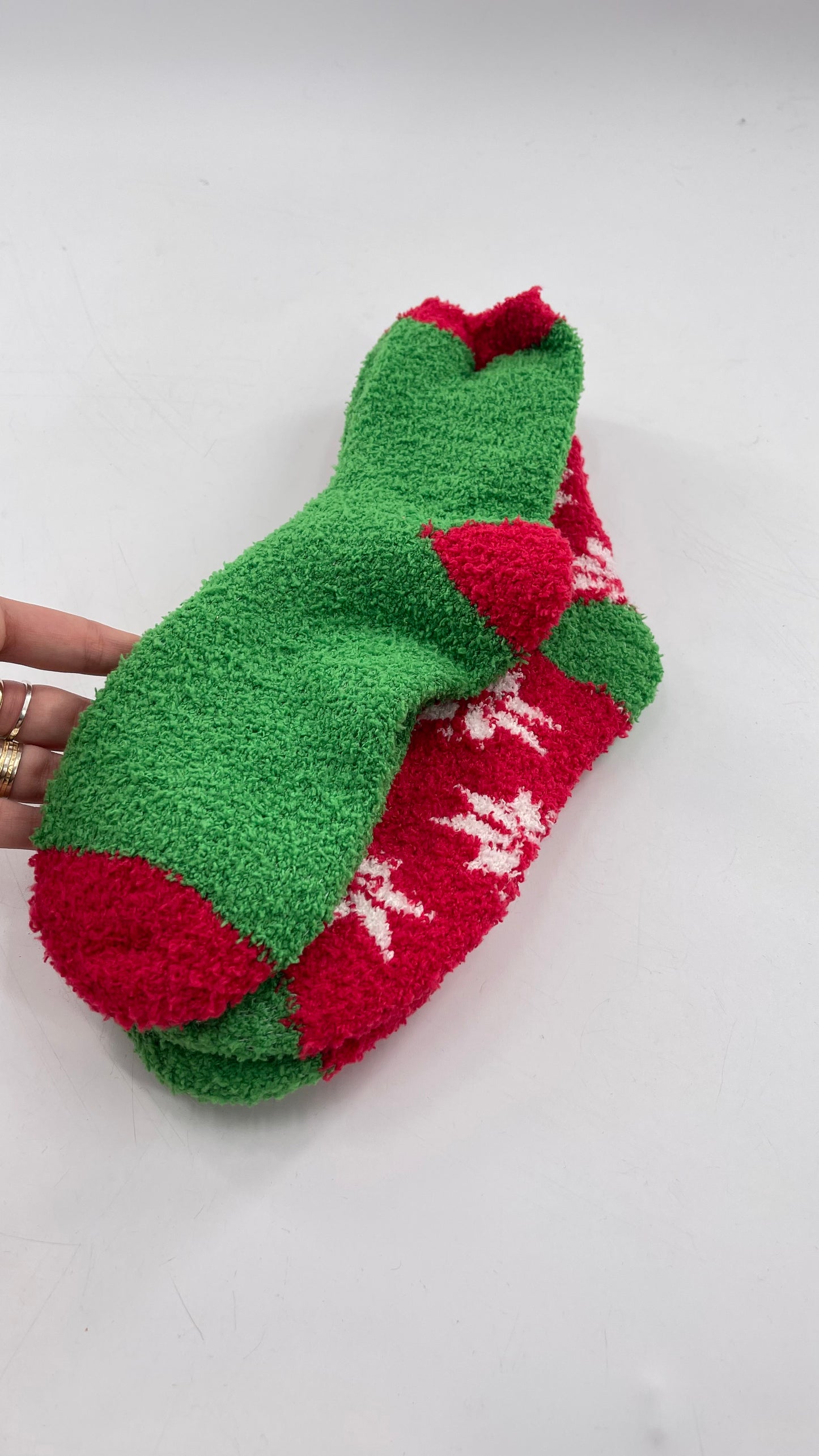 Festive Fuzzy Christmas Color Block Red Green Socks (Sz 8-12)