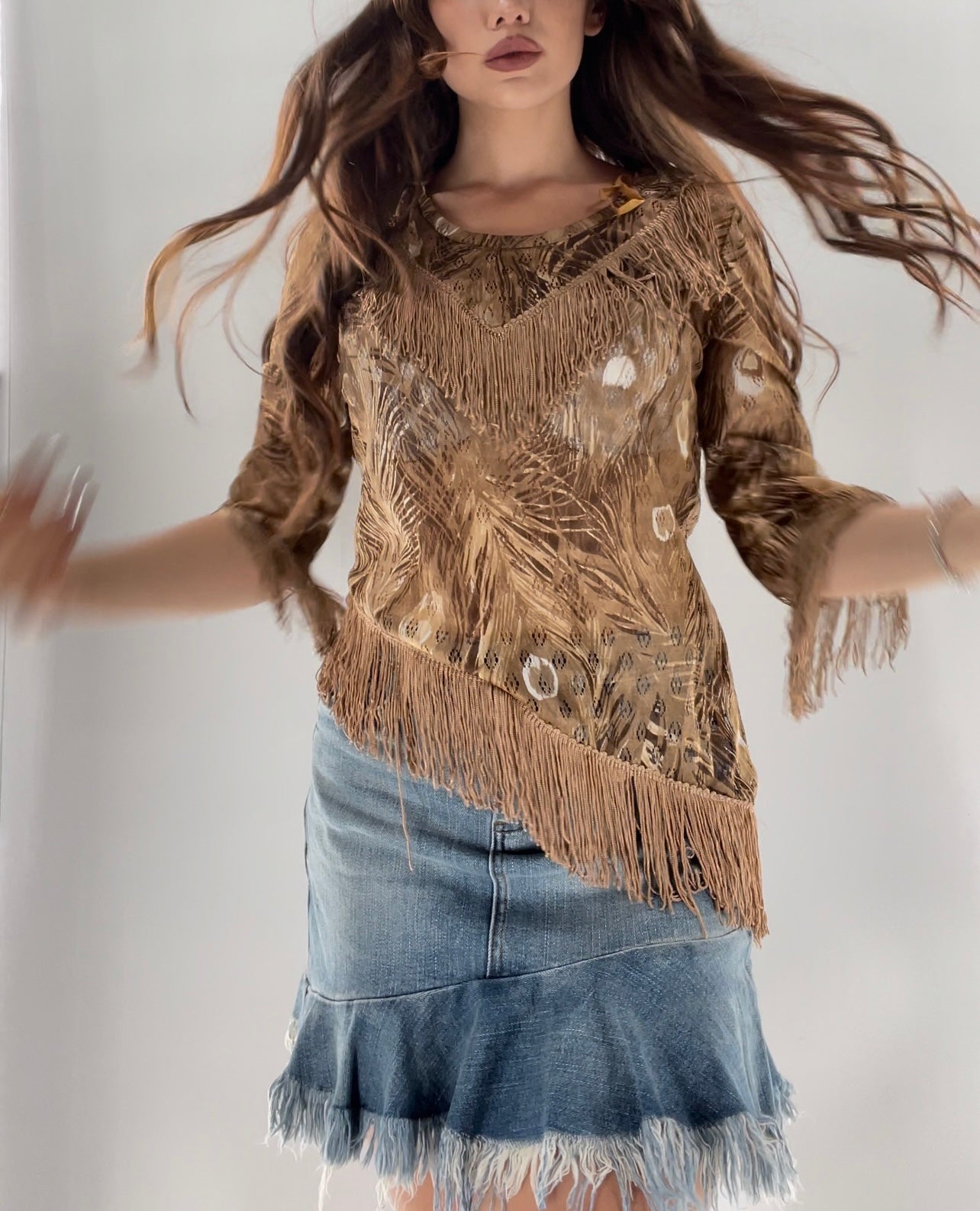 Vintage Tan Asymmetric Fringe Top (S)