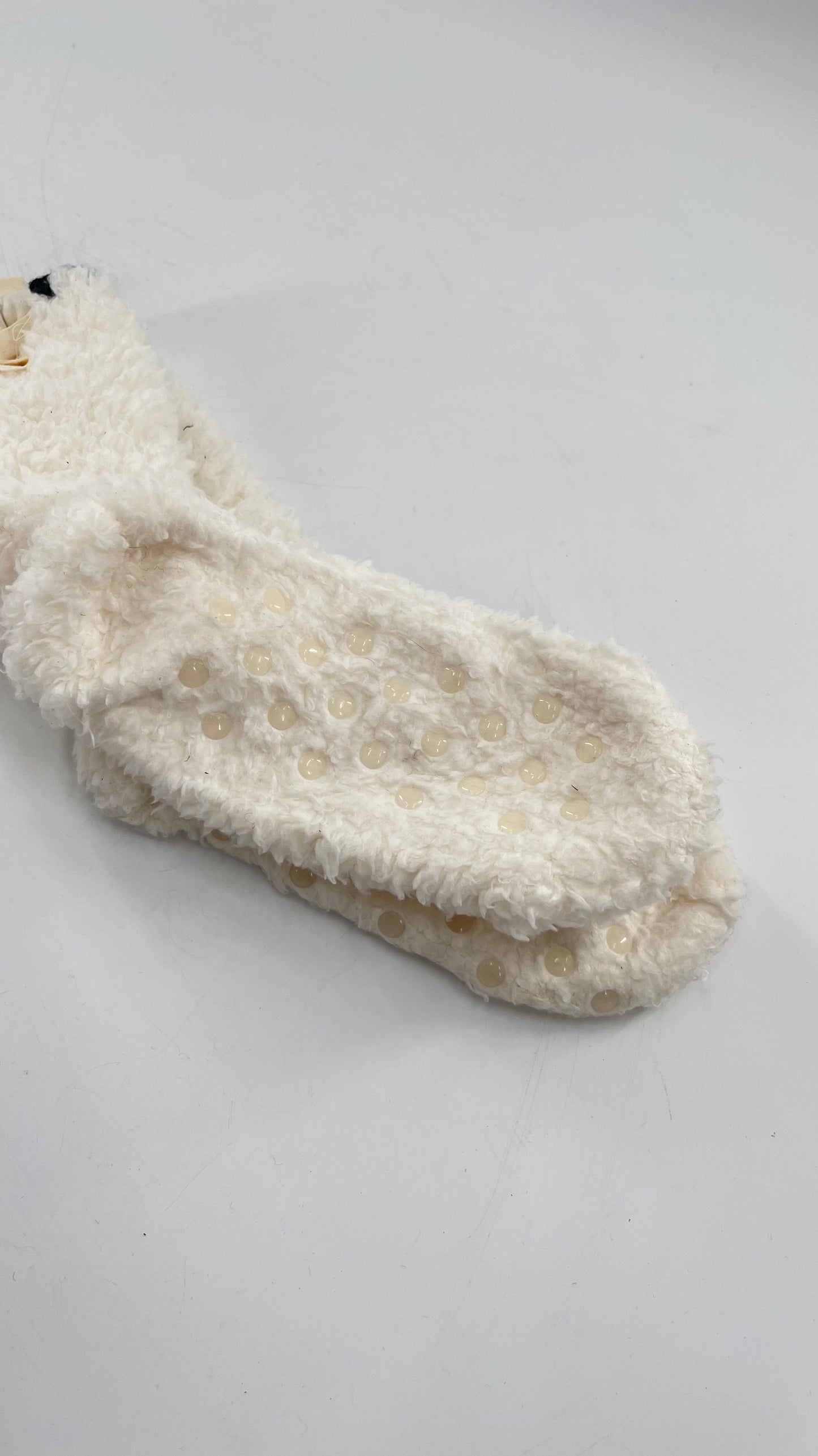 Free People White Fuzzy Socks with Navy Embroidery