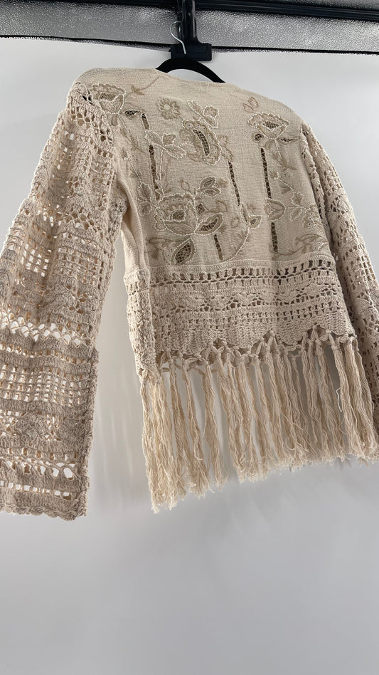 Zara Beige Gauze, Crochet, Embroidered Tunic Blouse (Large)