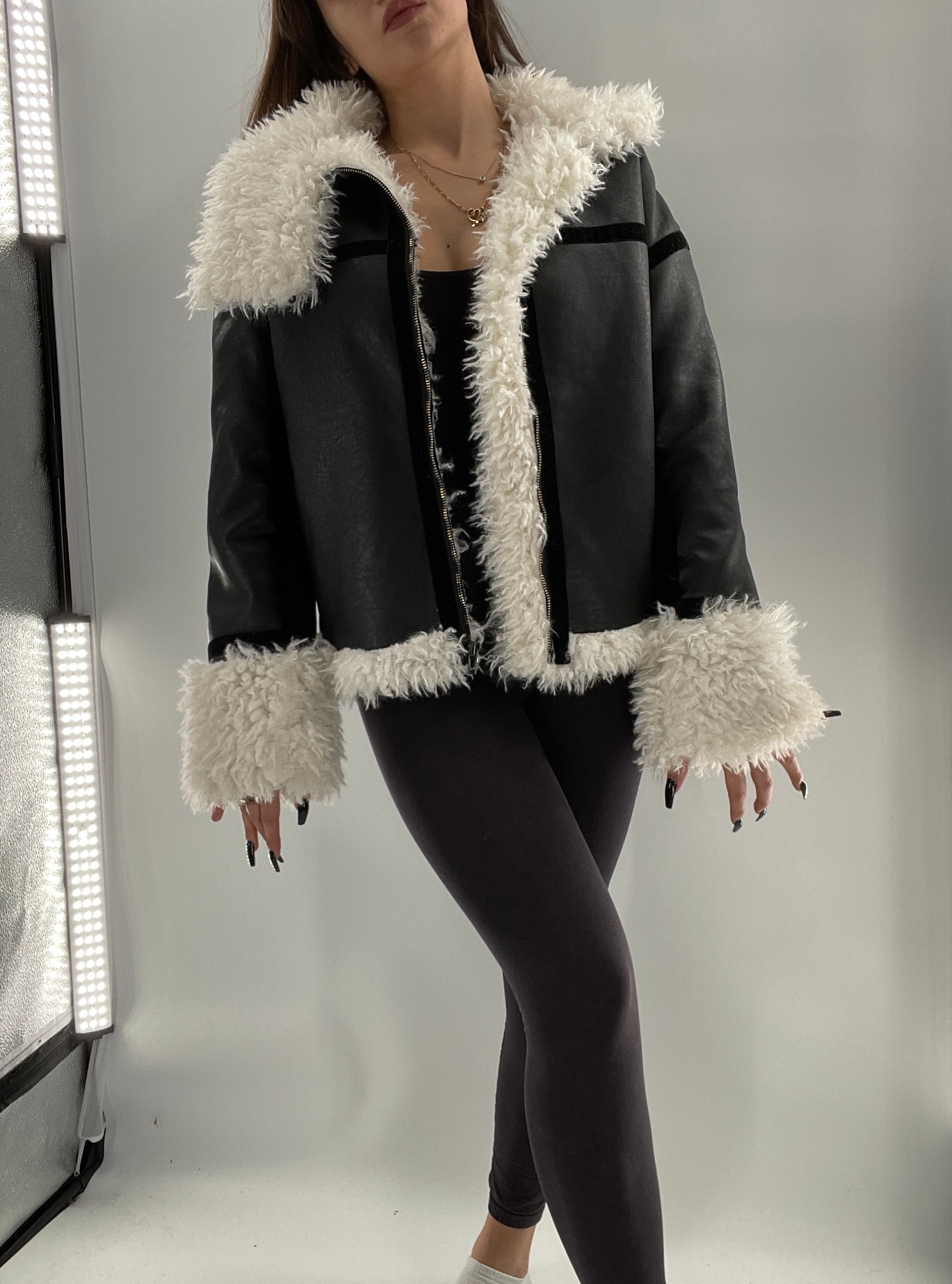 LIONESS Phoenix Jacket Black Faux Leather White Fur Trim (XS