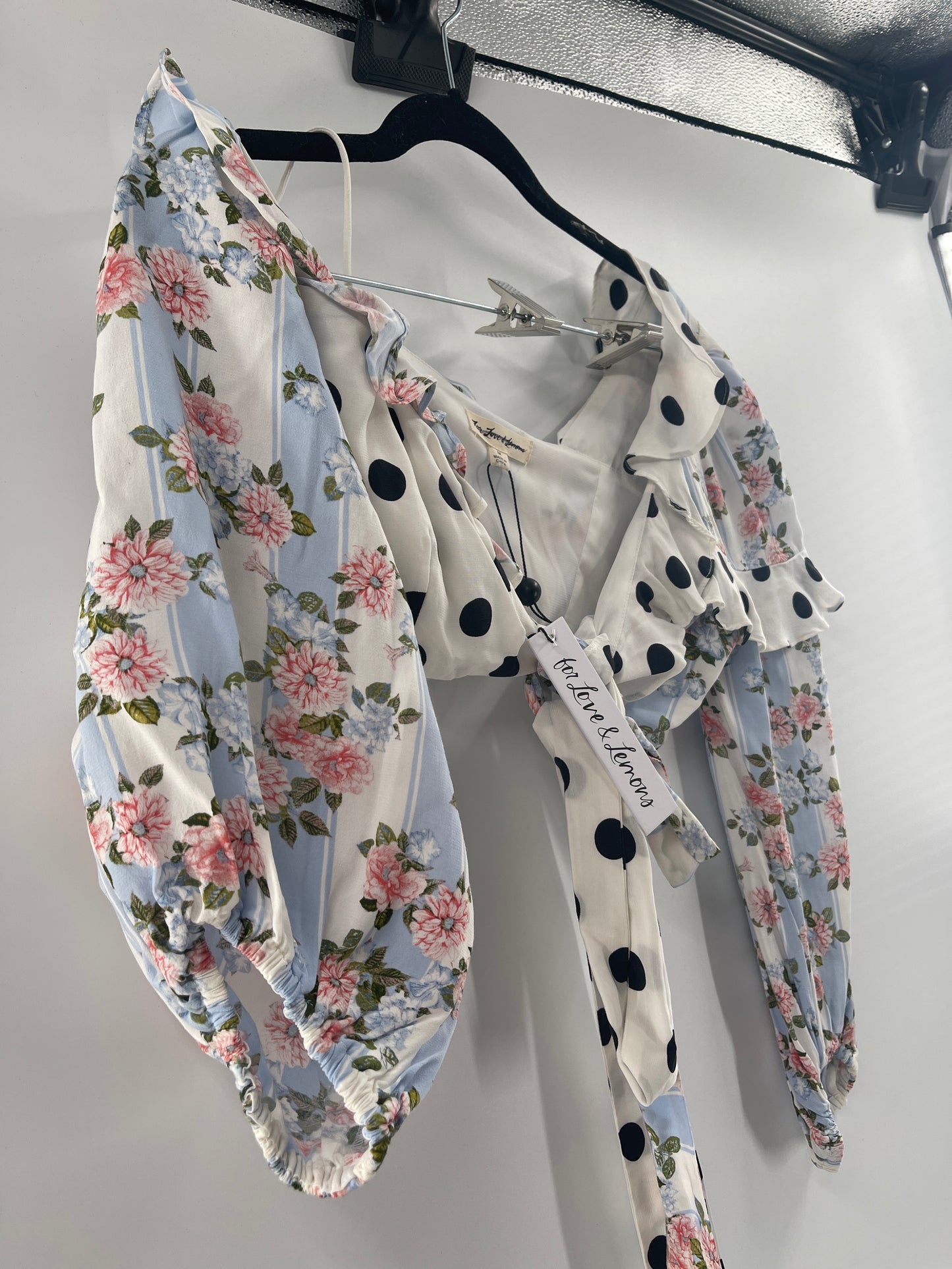 For love and lemons powder blue floral and polkadot crop (M)