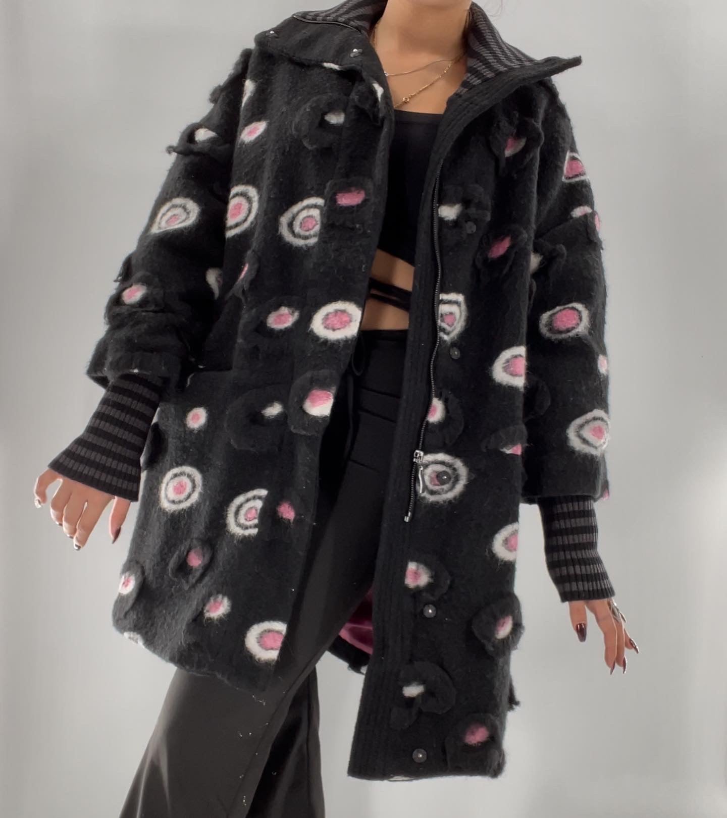 Rara Arvis Black + Pink Textured Circle Pattern Coat